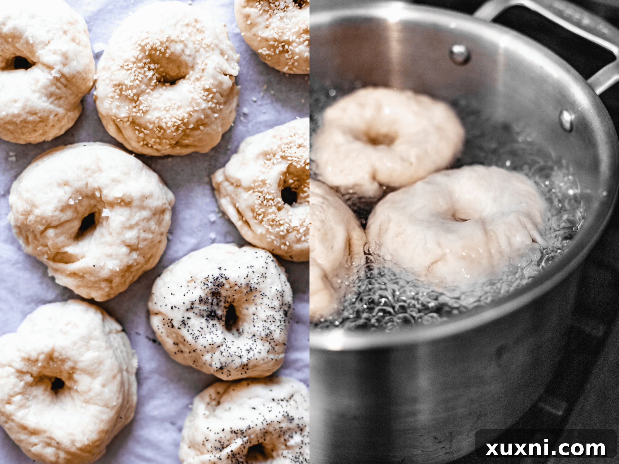 bagels topped and being boiled