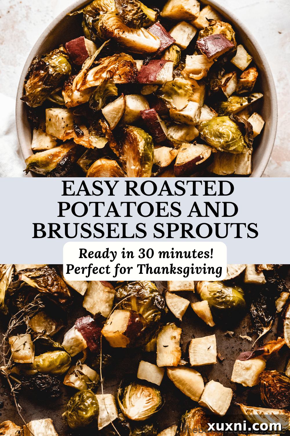 A Pinterest-friendly image featuring roasted potatoes and Brussels sprouts, perfect for saving and sharing the recipe.