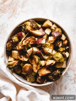 bowl of roasted potatoes and Brussels sprouts