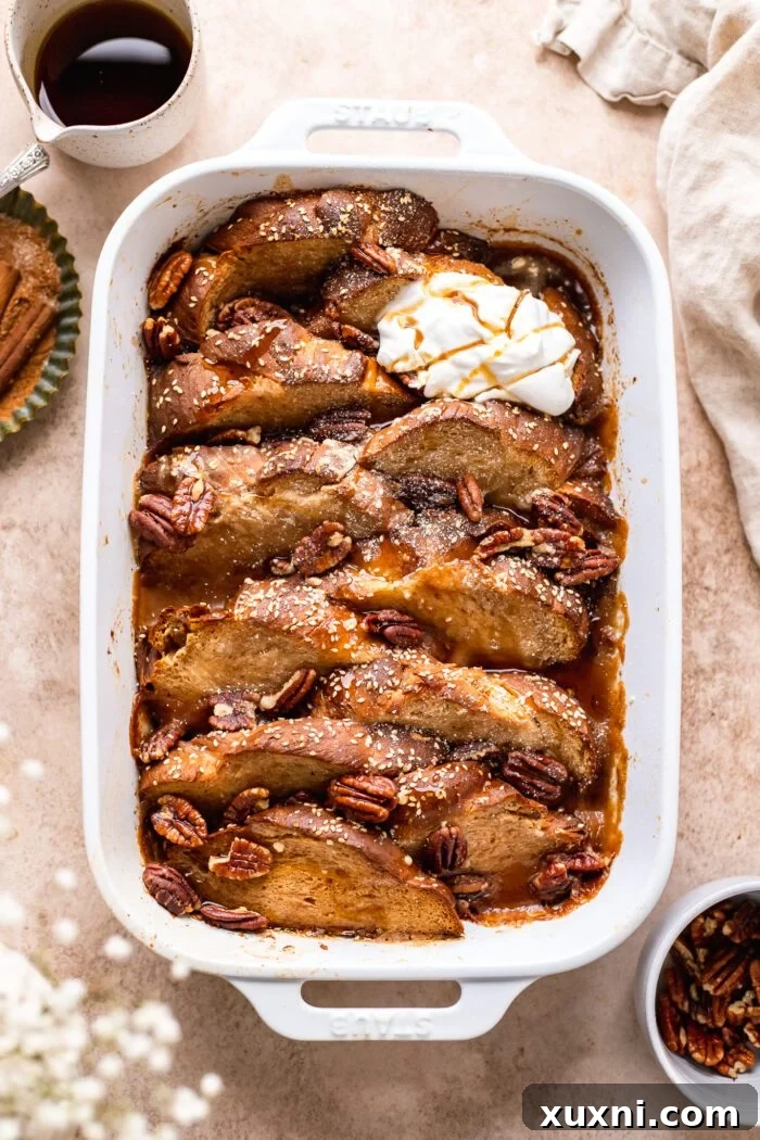 Delightful vegan French toast casserole, golden brown and ready to serve for a holiday breakfast.