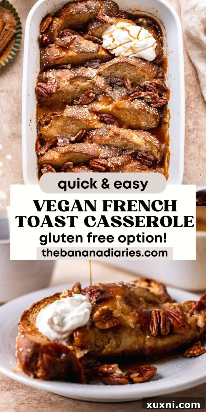 Vibrant image of vegan French toast casserole, perfect for a Pinterest save. Features golden-brown bread with syrup and berries, highlighting its holiday breakfast appeal.