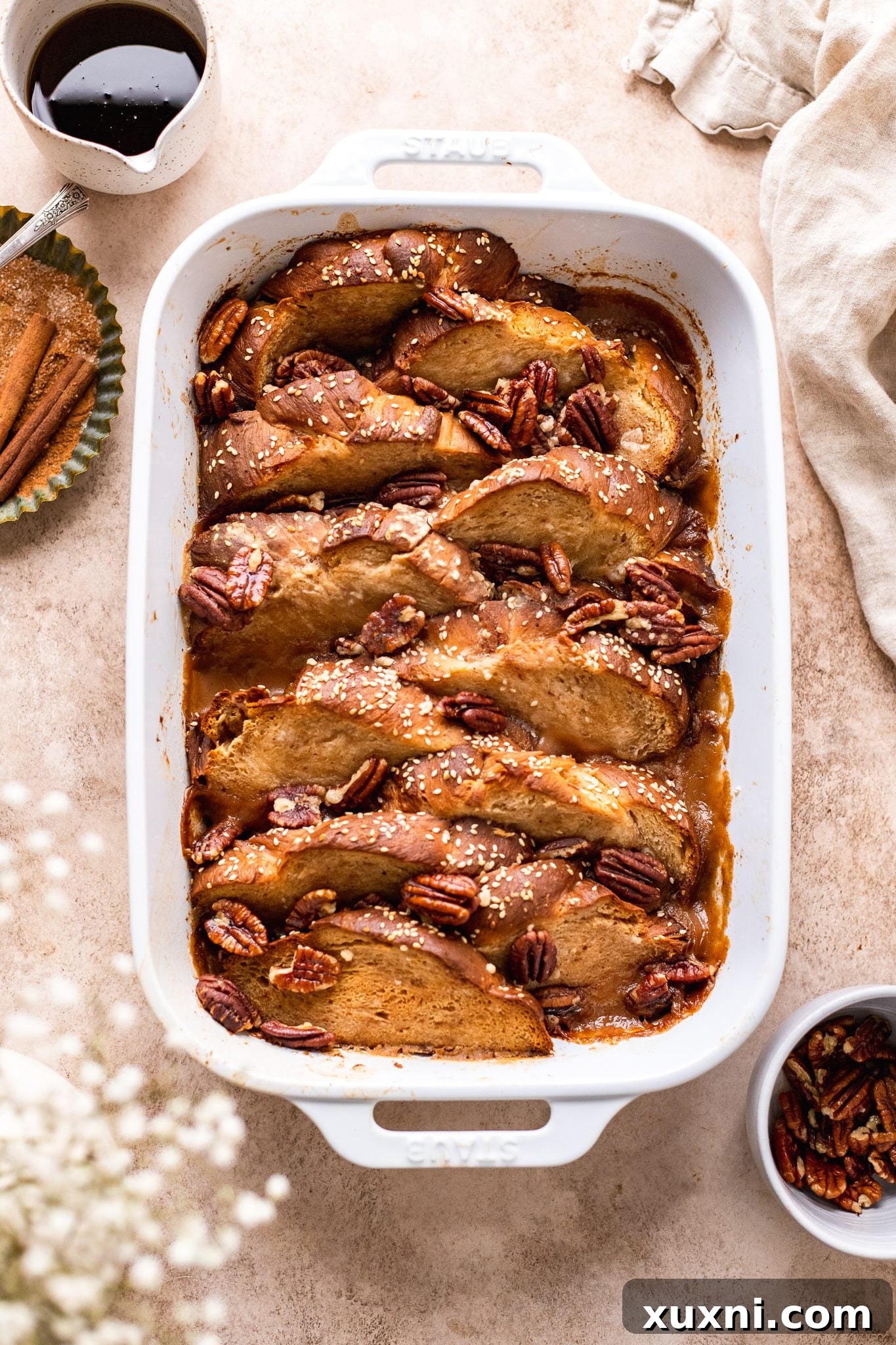 Freshly baked vegan French toast casserole, golden brown and bubbling.