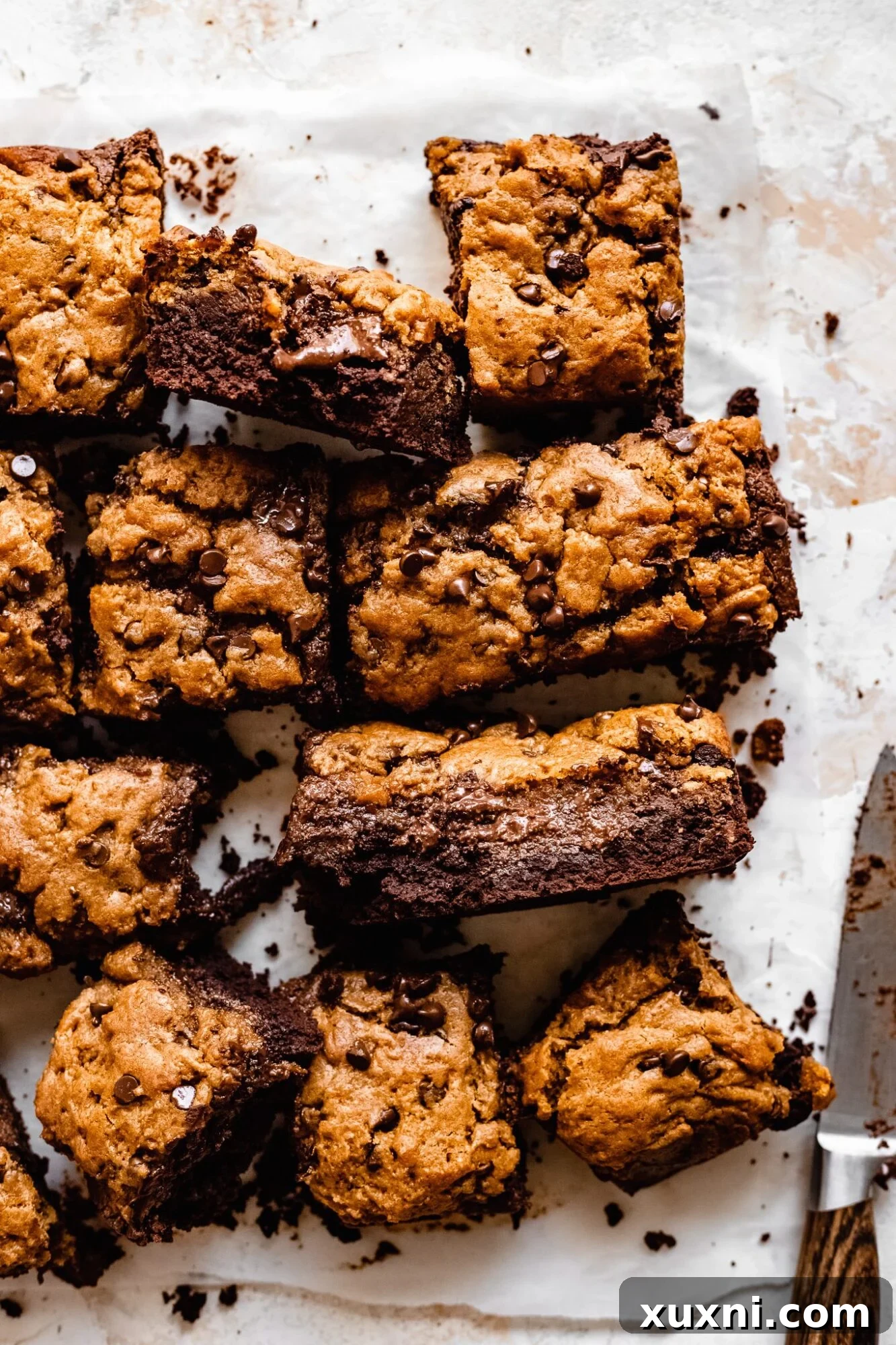 Decadent vegan brookie bars stuffed with creamy homemade Nutella