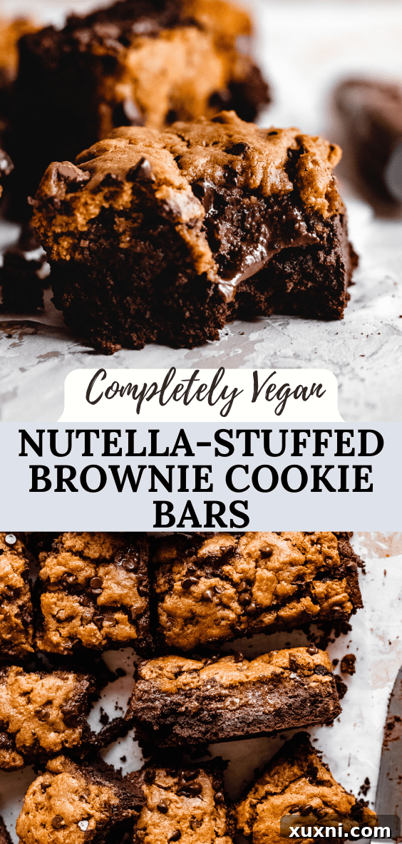 Pinterest graphic: Vegan Nutella-Stuffed Brownie Cookie Bars (Brookies) for saving the recipe