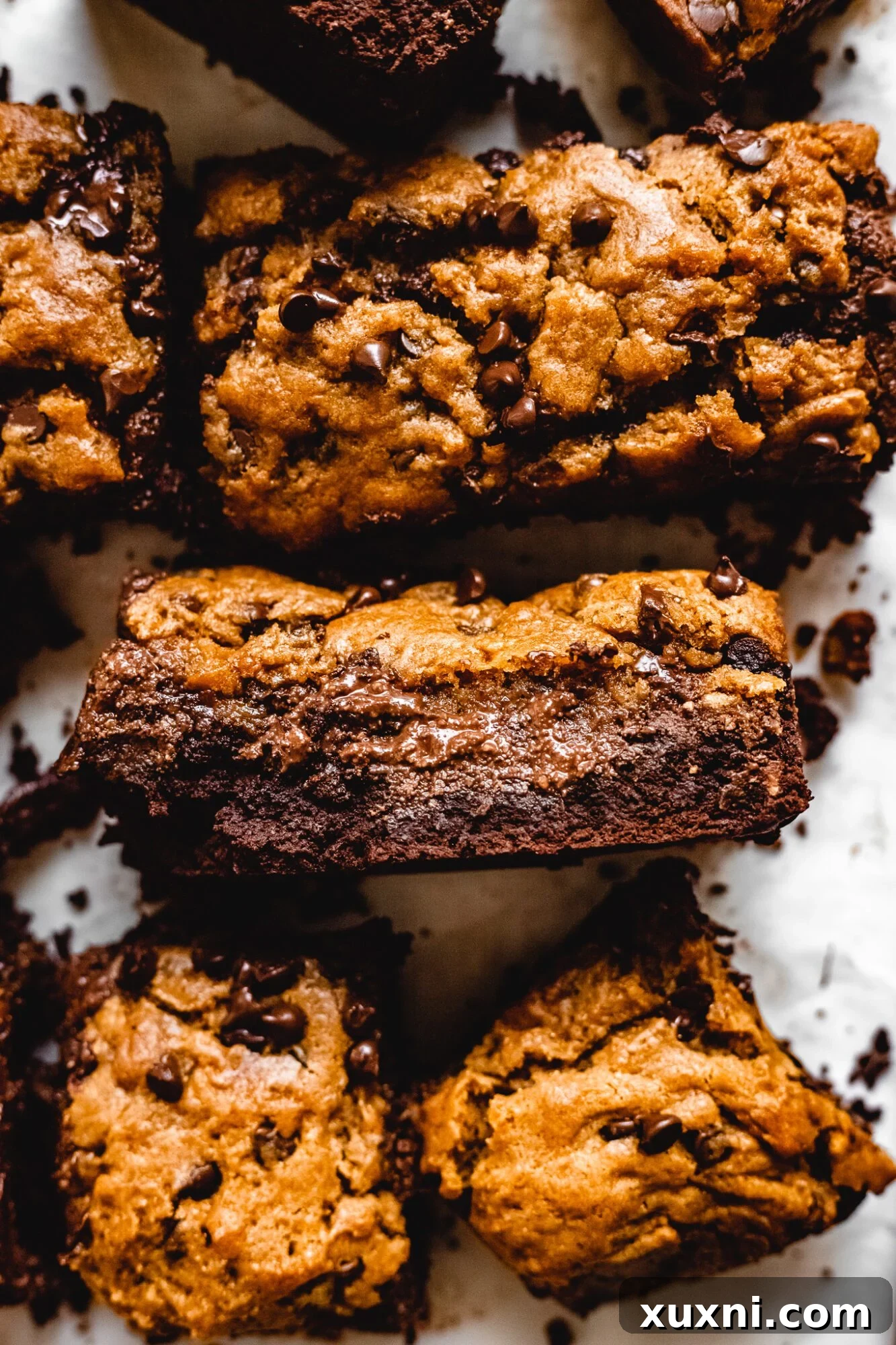Close-up of a homemade vegan Nutella-stuffed brownie cookie bar