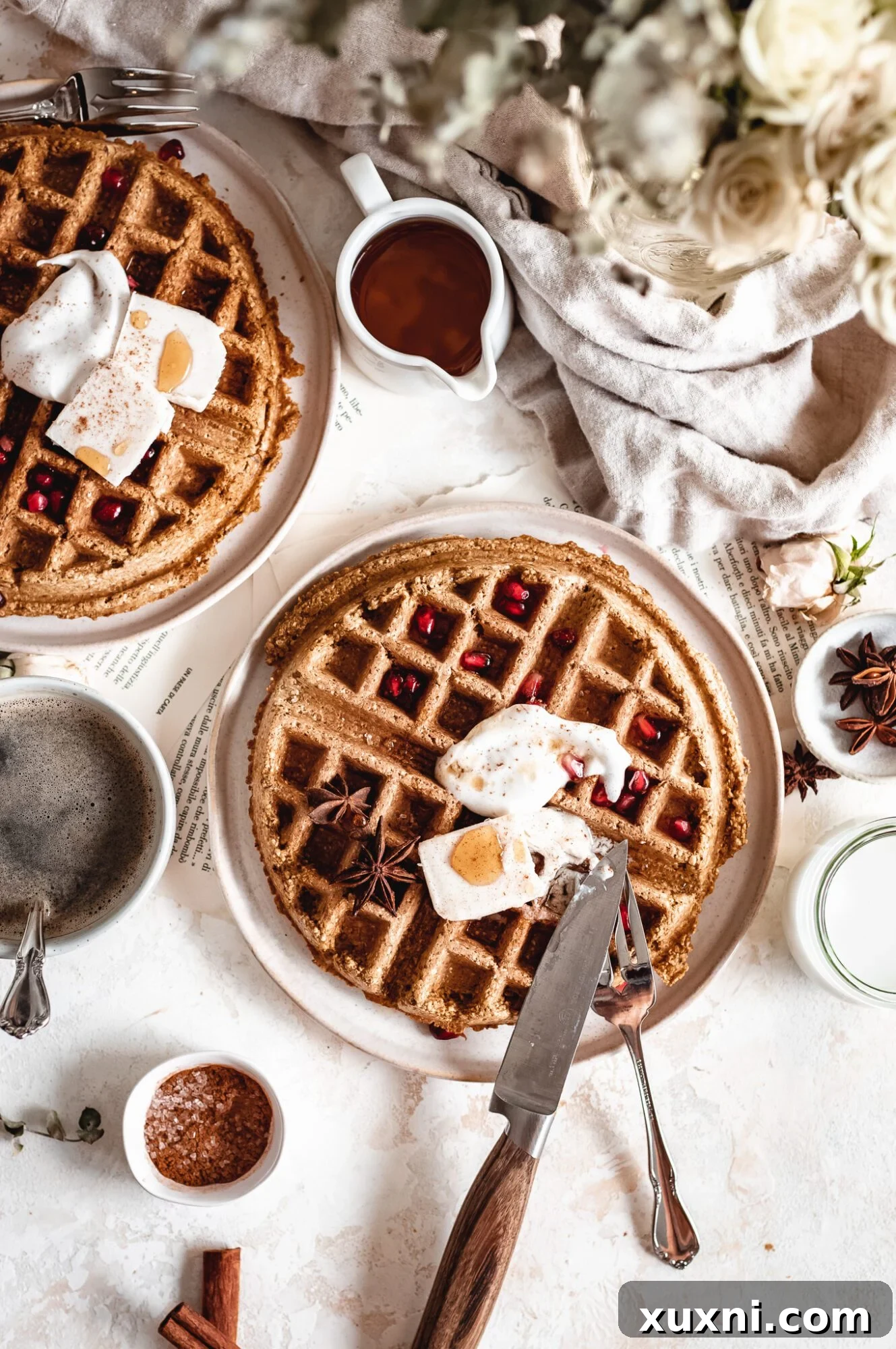 Effortless Gluten Free Vegan Pumpkin Waffles 6 A beautifully arranged plate of golden vegan pumpkin waffles