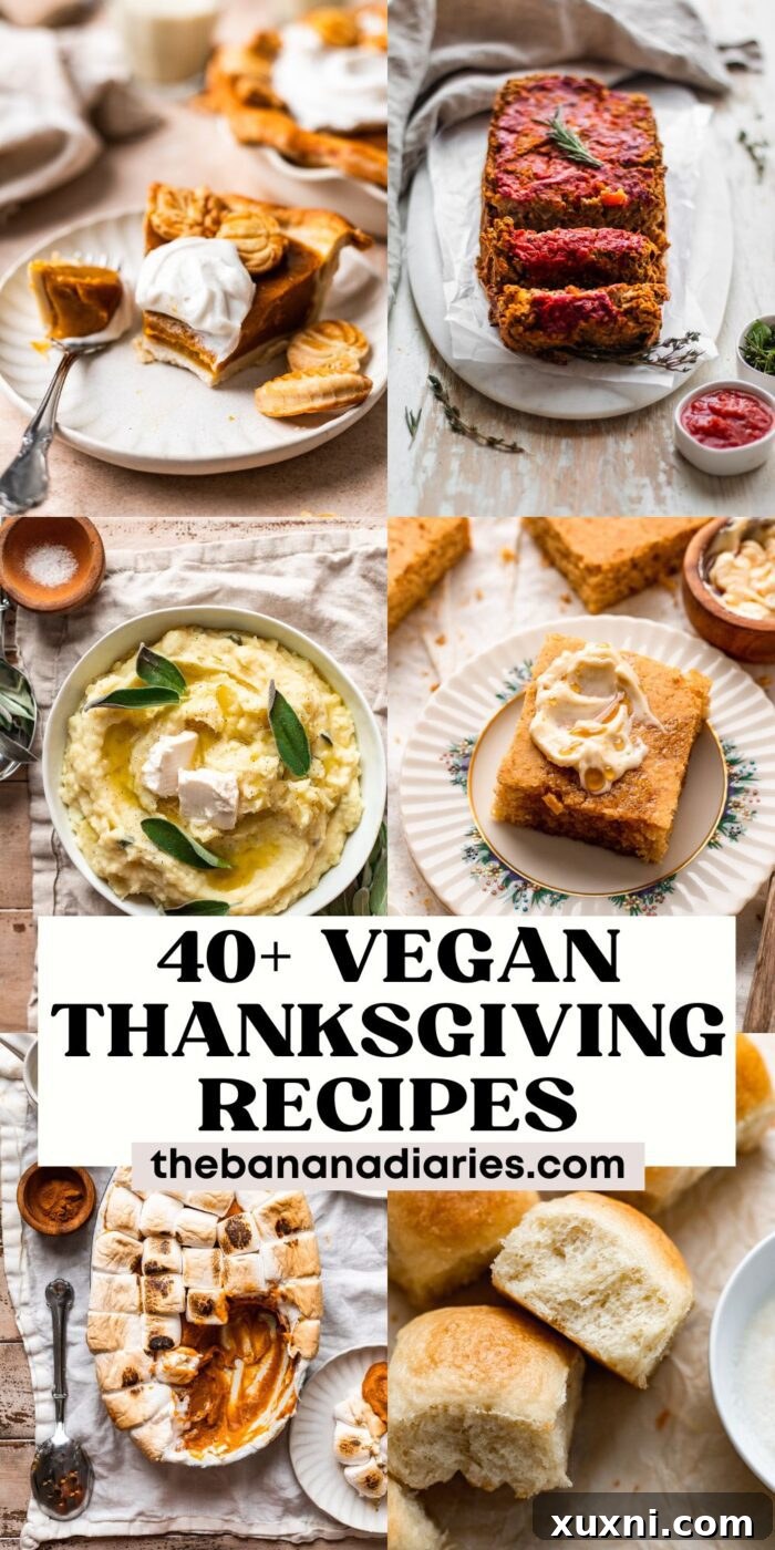 Epic Vegan Thanksgiving: Over 40 Crowd-Pleasing Recipes 2 A beautifully arranged vegan Thanksgiving spread with various dishes, including sides, main courses, and desserts, inviting all eaters to enjoy a plant-based holiday feast.