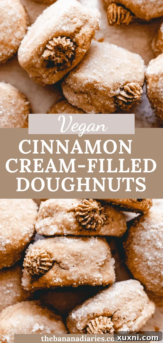 Cinnamon Vanilla Cream Filled Vegan Doughnuts pinterest image
