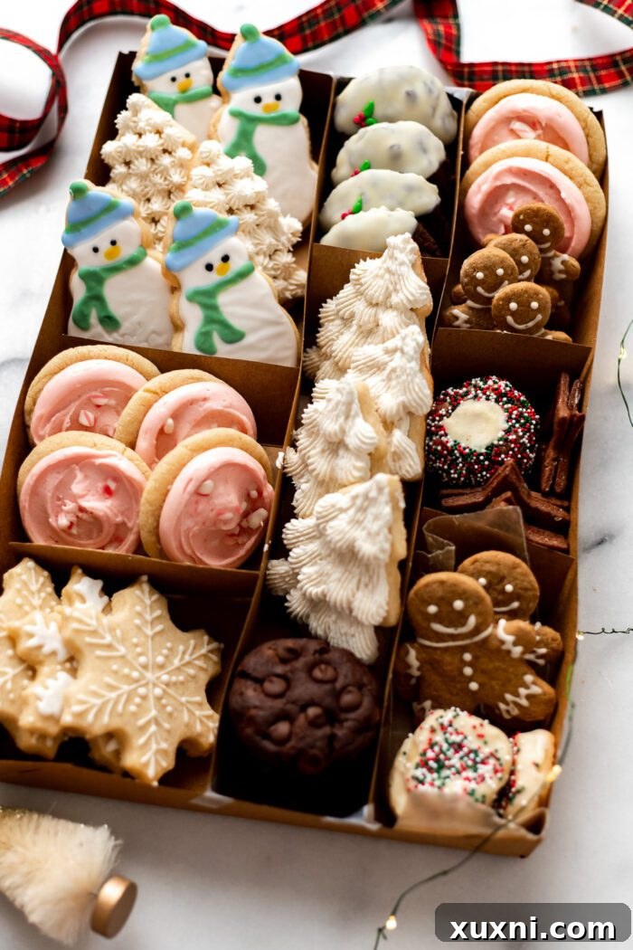 cookie box with 7 different vegan Christmas cookies