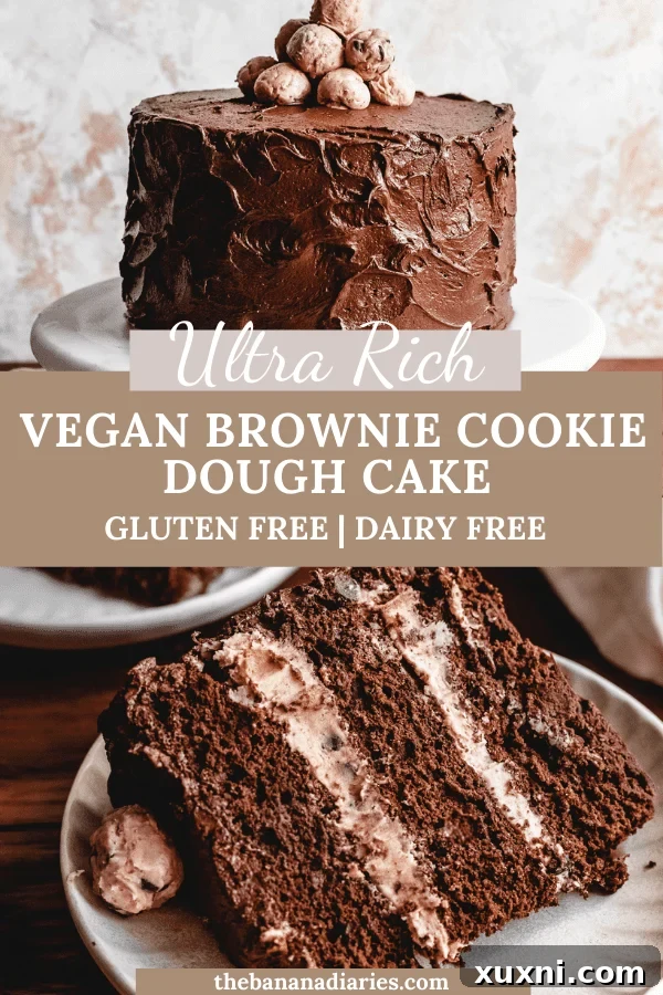 Pinterest pin graphic for Vegan Brownie Cookie Dough Cake