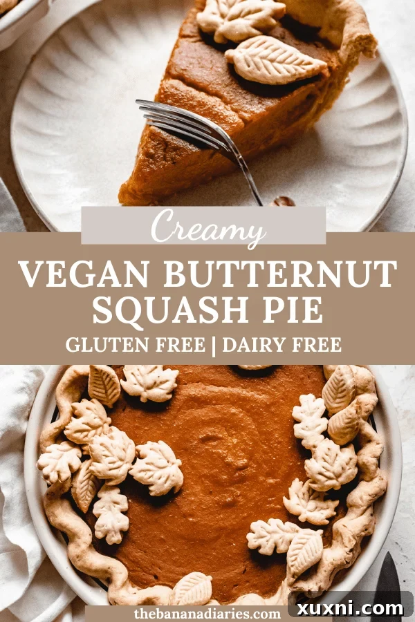 A final, beautifully presented vegan butternut squash pie, ready for a festive Thanksgiving celebration.