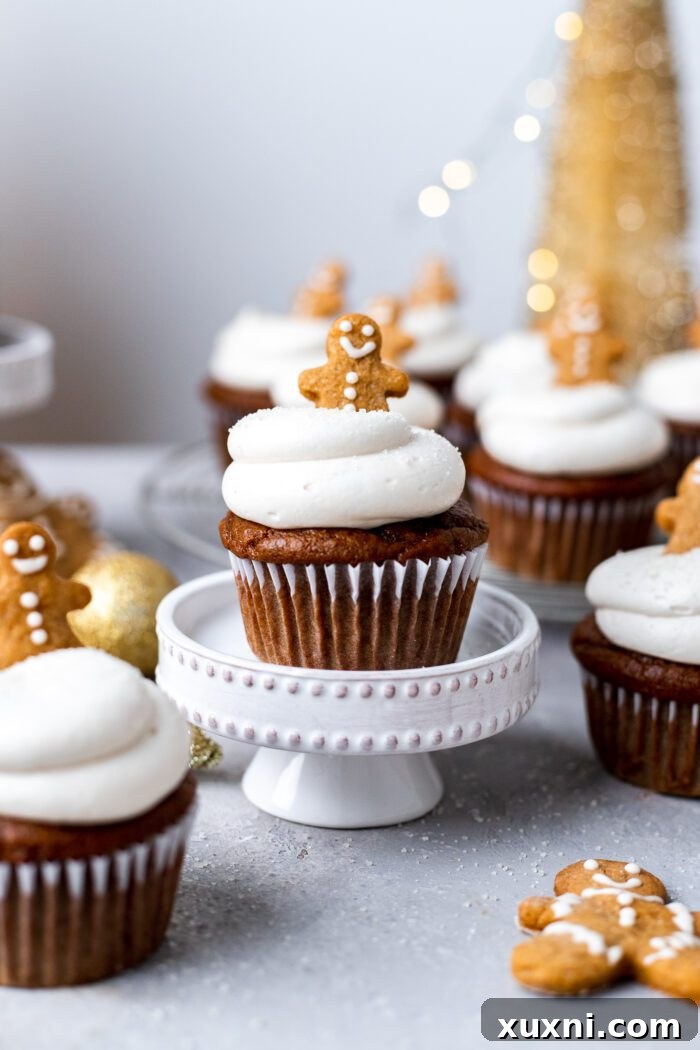 vegan gingerbread cupcake on cupcake stand