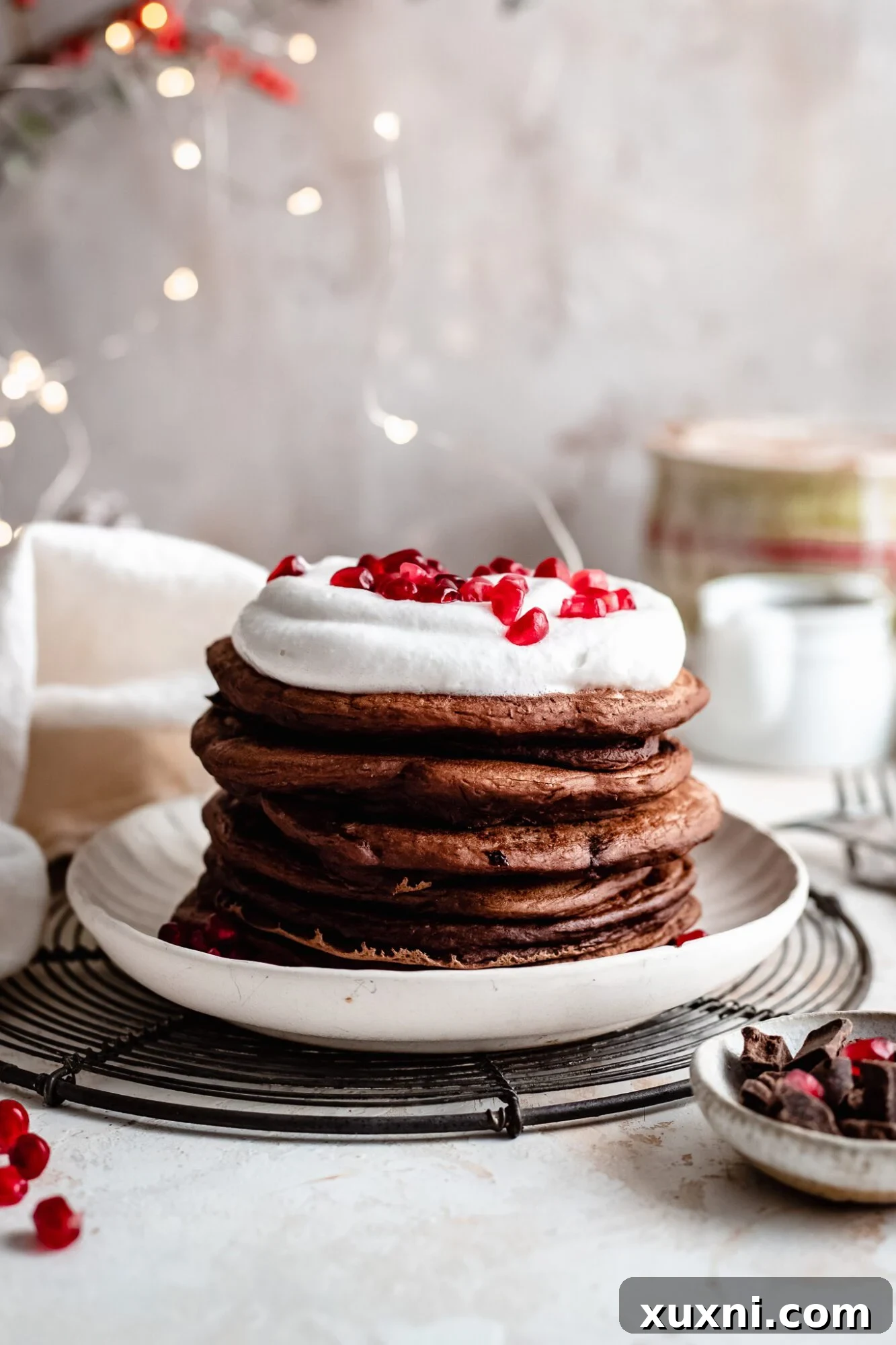 Fluffy vegan chocolate pancakes drizzled with hot chocolate sauce.