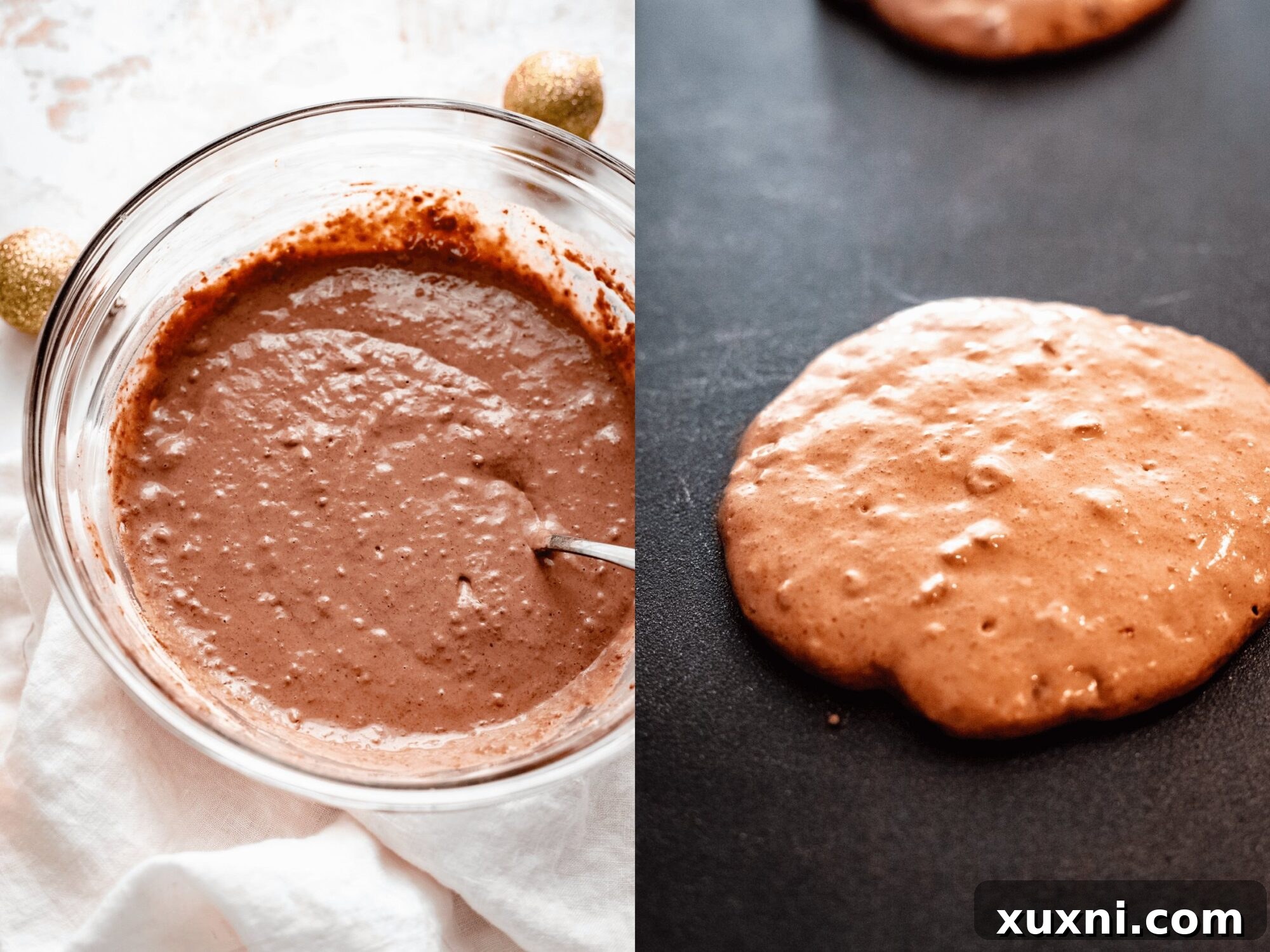 Step-by-step tutorial showing pancake batter with chocolate chips.