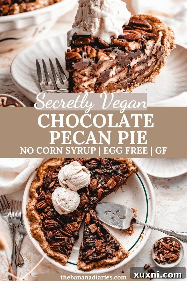 Pinterest graphic for vegan chocolate pecan pie recipe.
