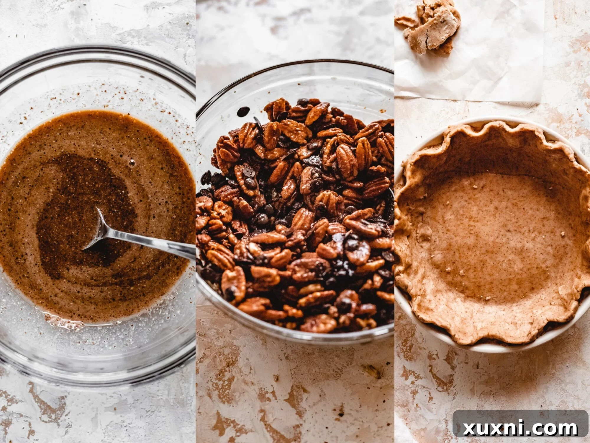 Step-by-step image of vegan chocolate pecan pie preparation.