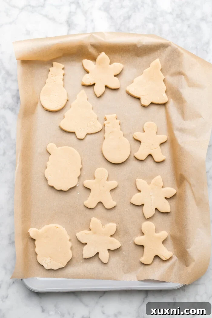 Unbaked vegan sugar cookies arranged on a baking sheet before going into the oven.