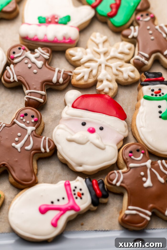 Close up of various sugar cookies decorated with vegan royal icing
