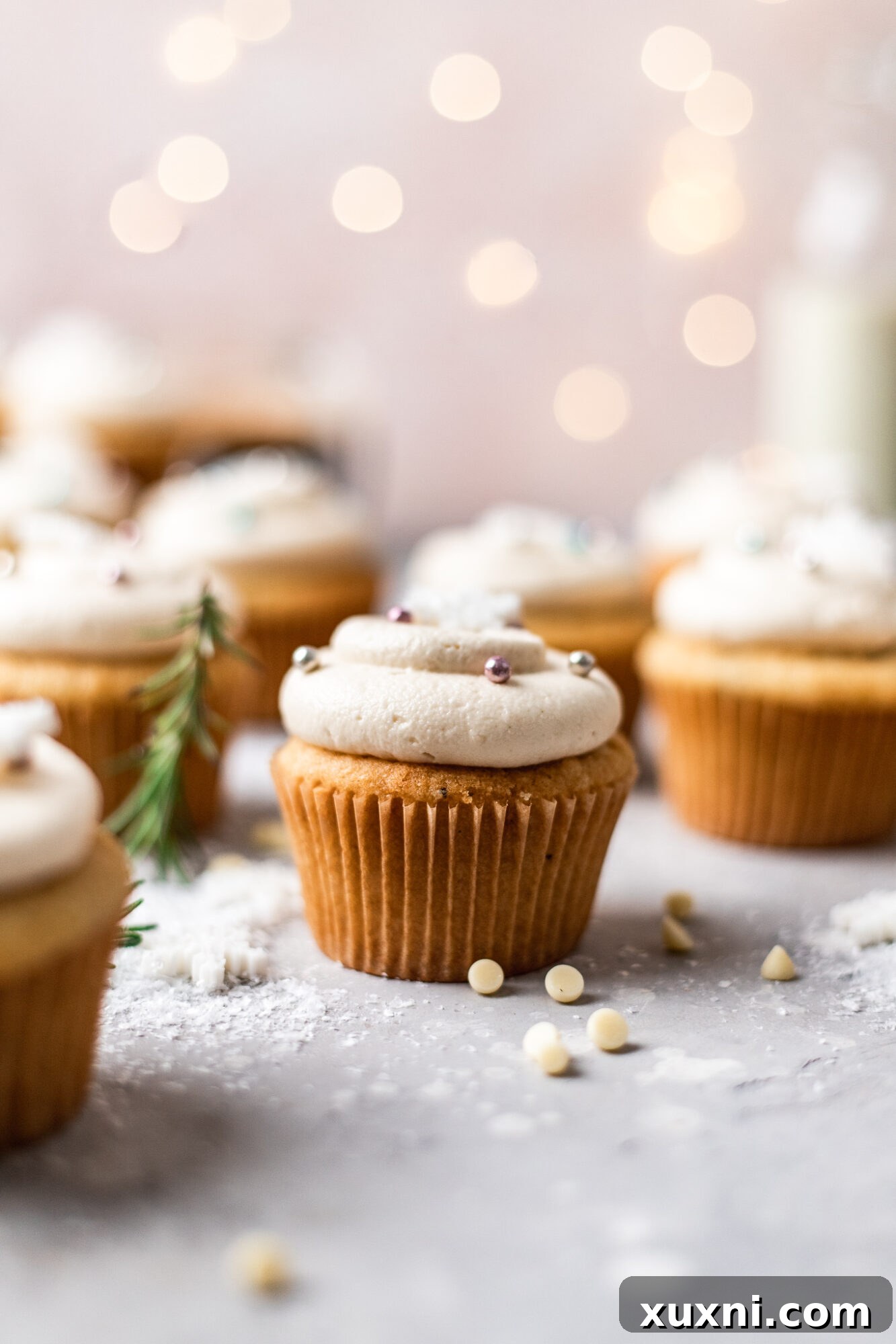 Festive vegan white chocolate cupcakes decorated for Christmas