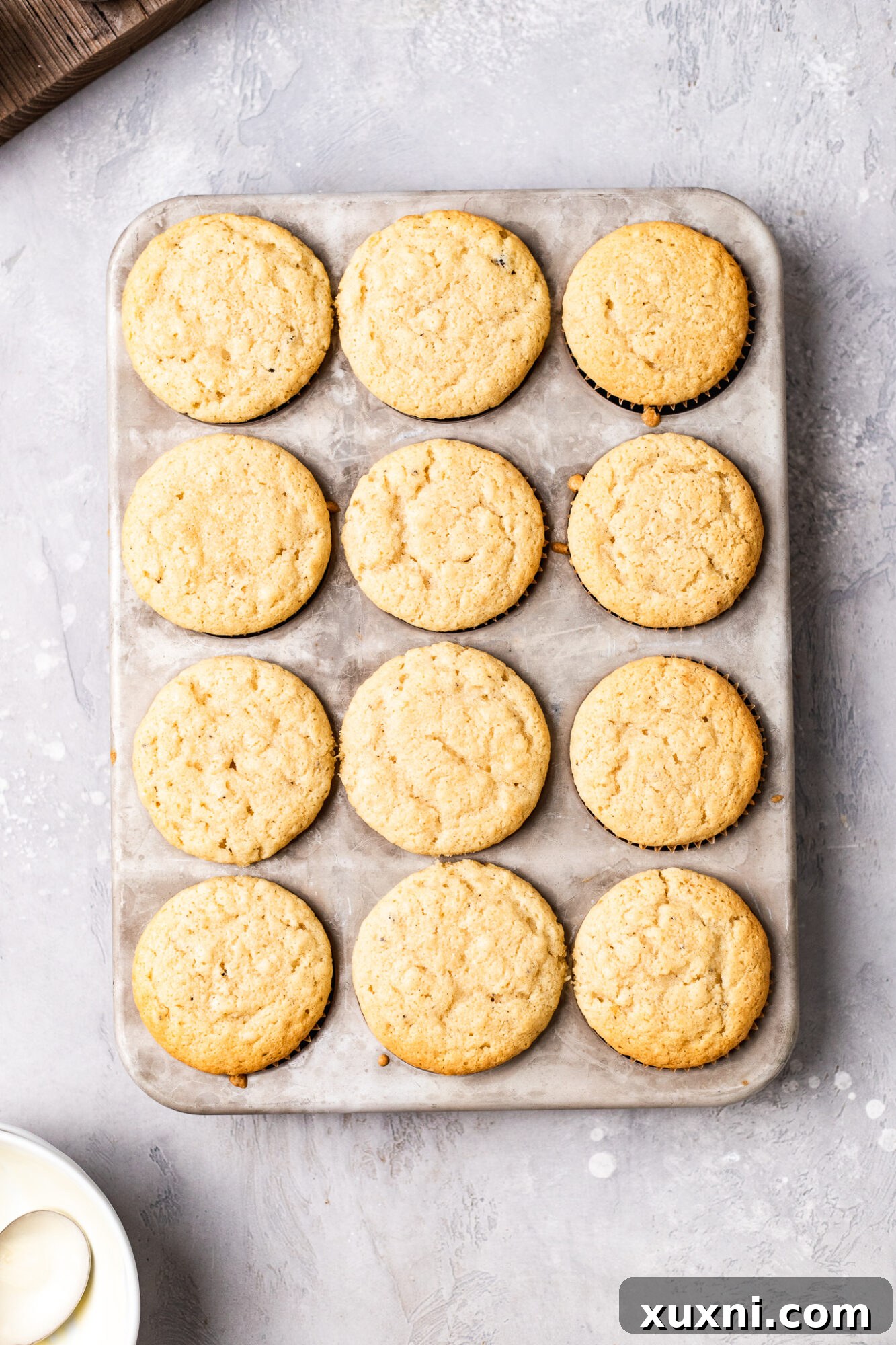 Freshly baked vegan white chocolate cupcakes in a tin