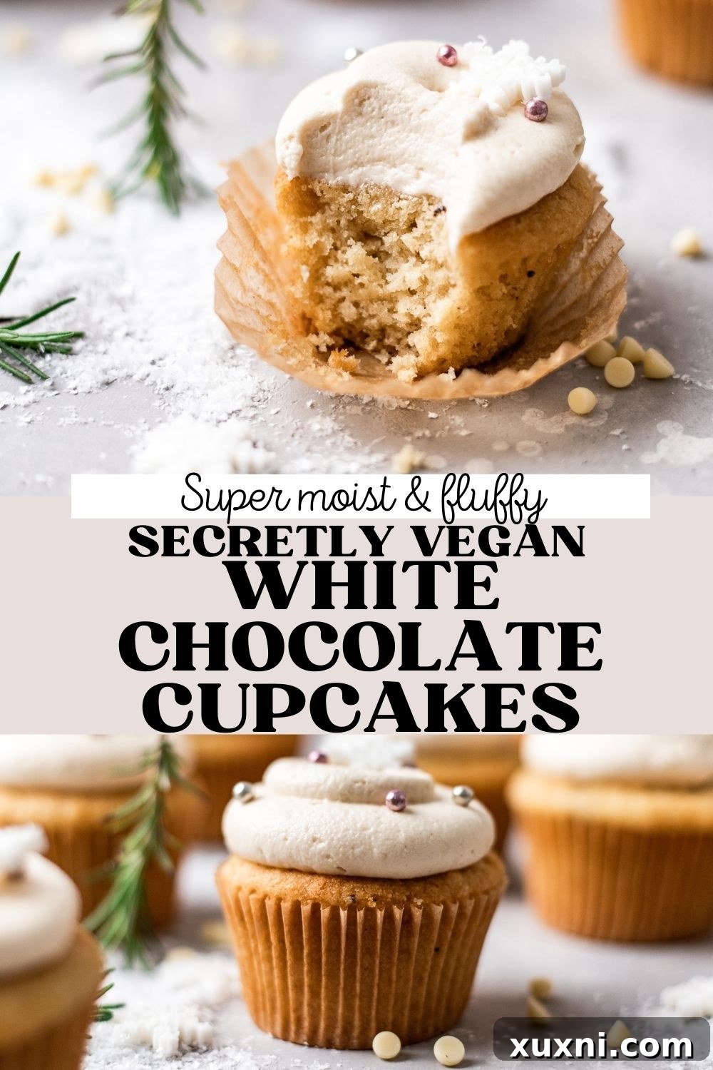 Pinterest graphic for Vegan White Chocolate Cupcakes