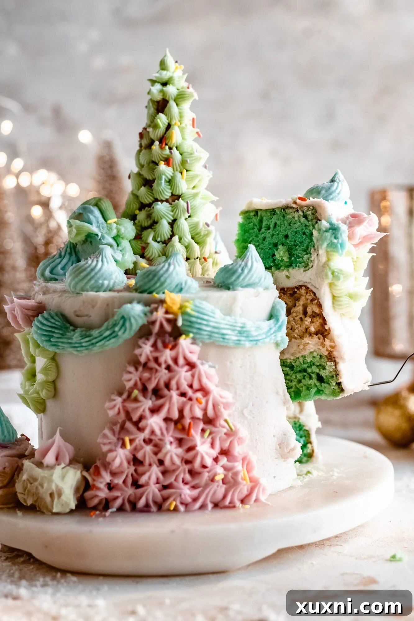 Slice of vegan Christmas cake showing moist layers