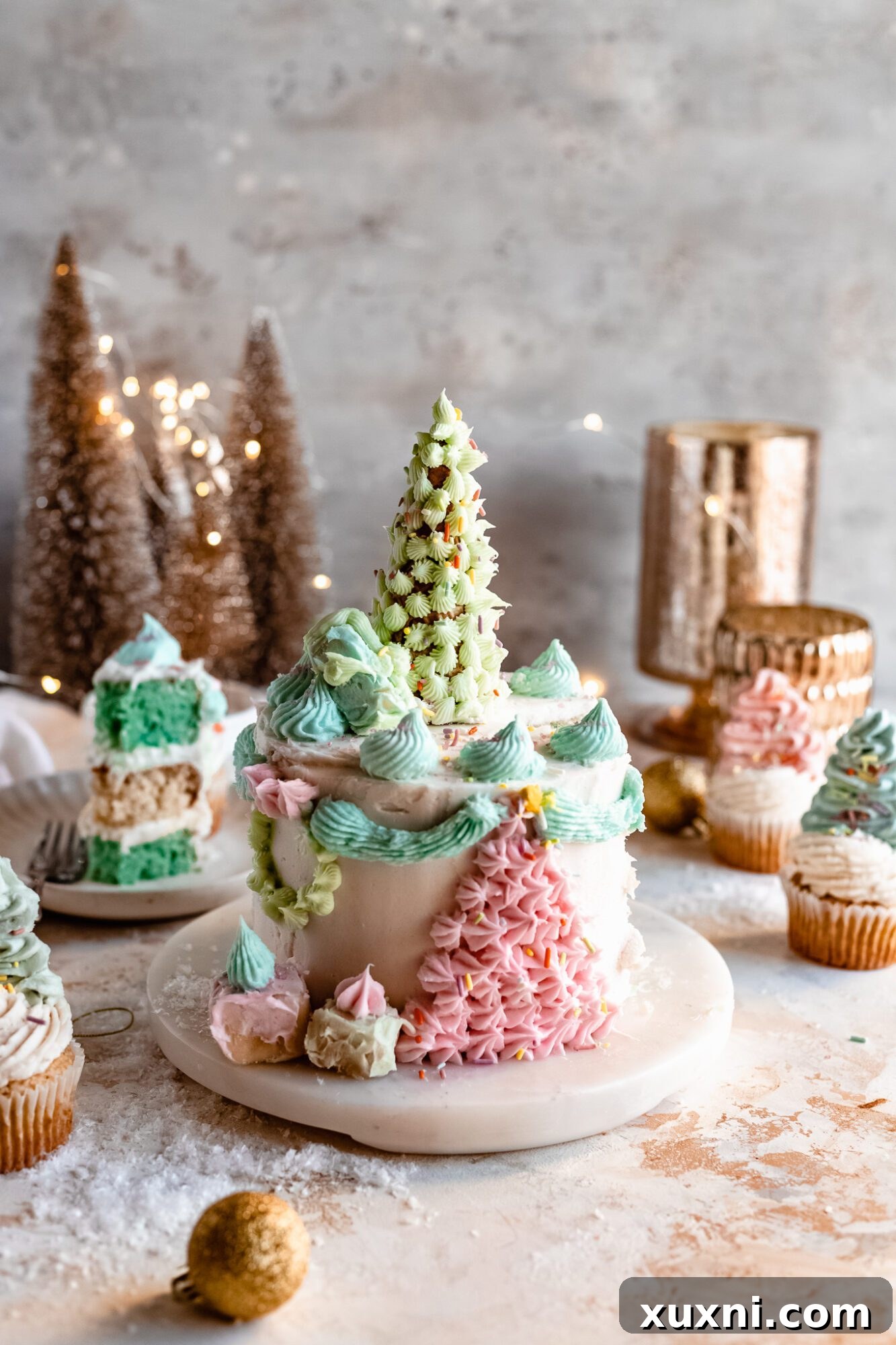 Fully decorated vegan Christmas tree cake from above