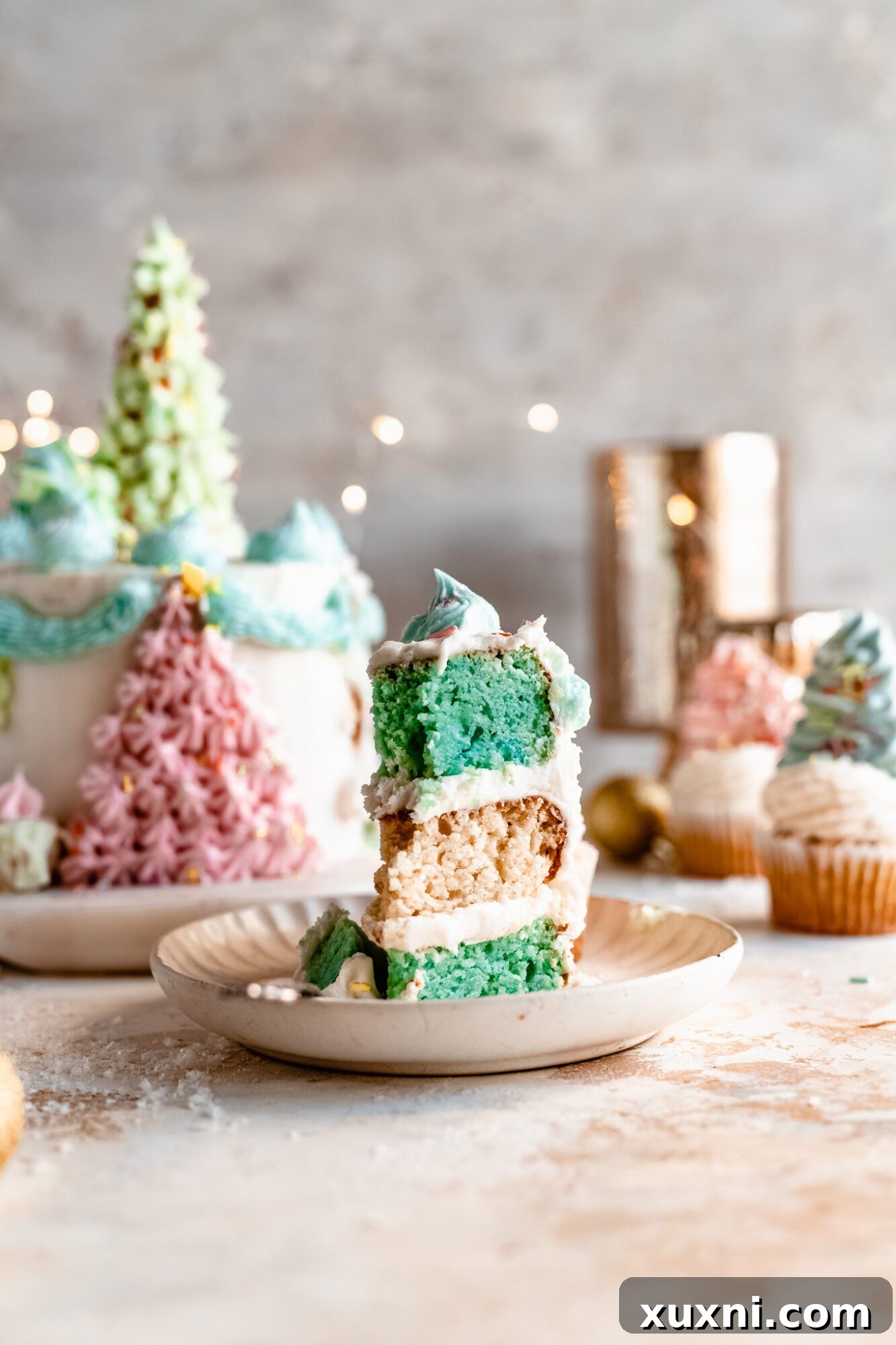 A beautiful slice of vegan cake revealing its layers