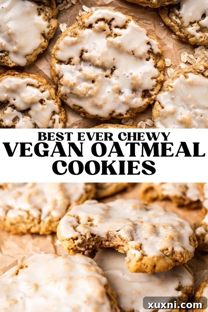 Pinterest pin image featuring a stack of iced vegan oatmeal cookies