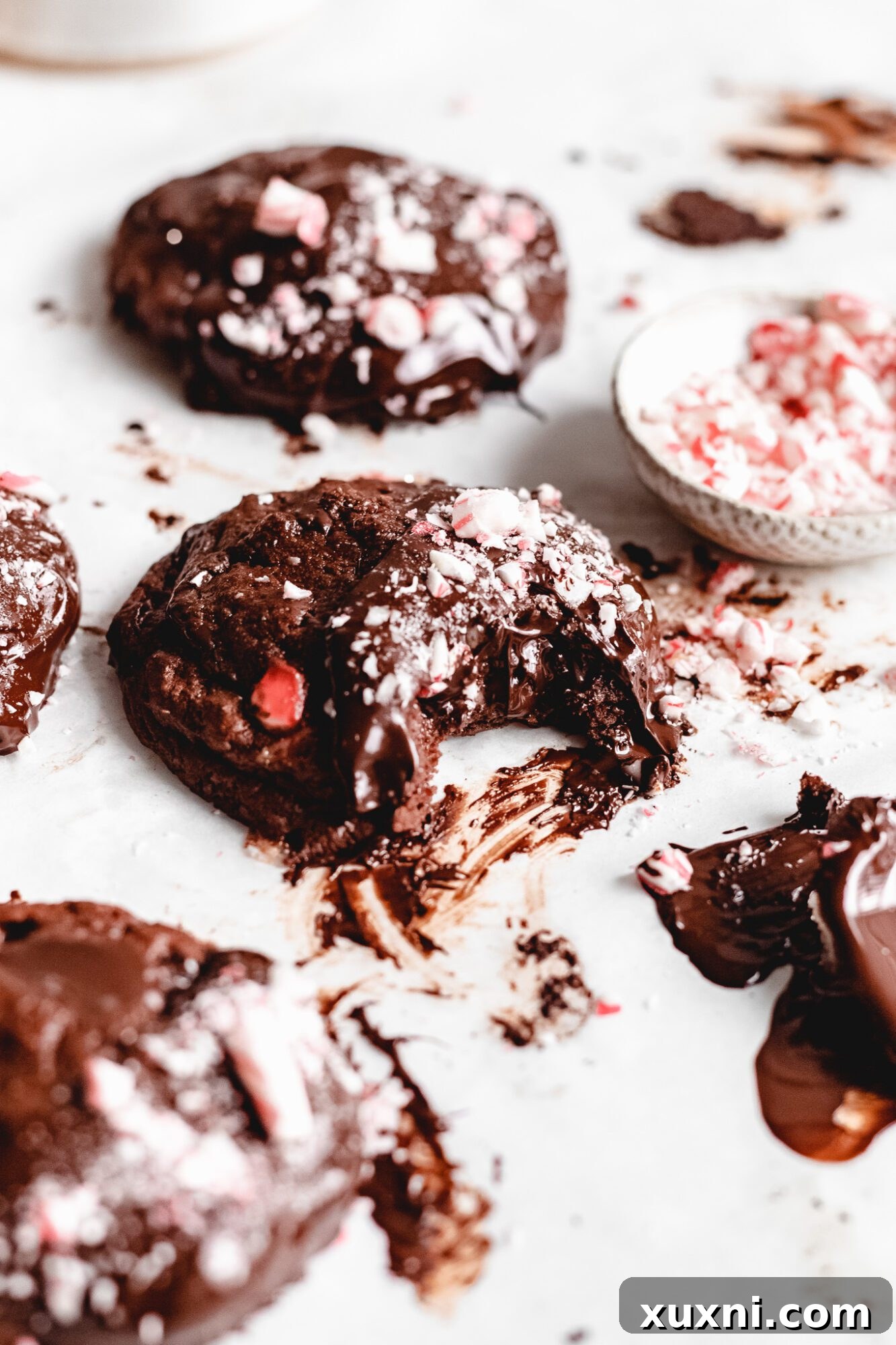 Super Fudgy Vegan Chocolate Peppermint Cookies, beautifully arranged