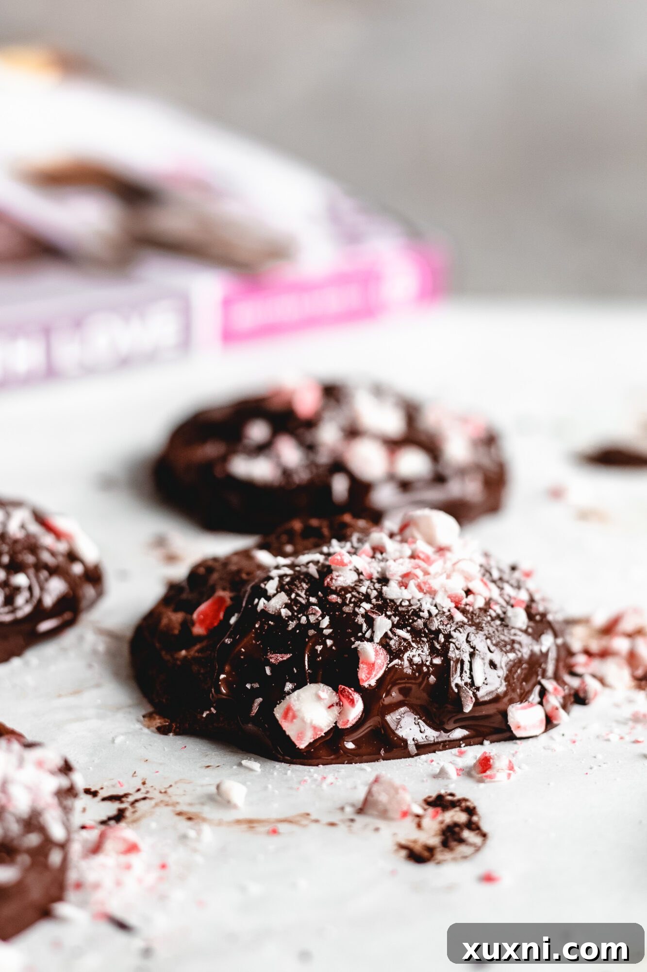 Close-up of a stack of chocolate peppermint cookies