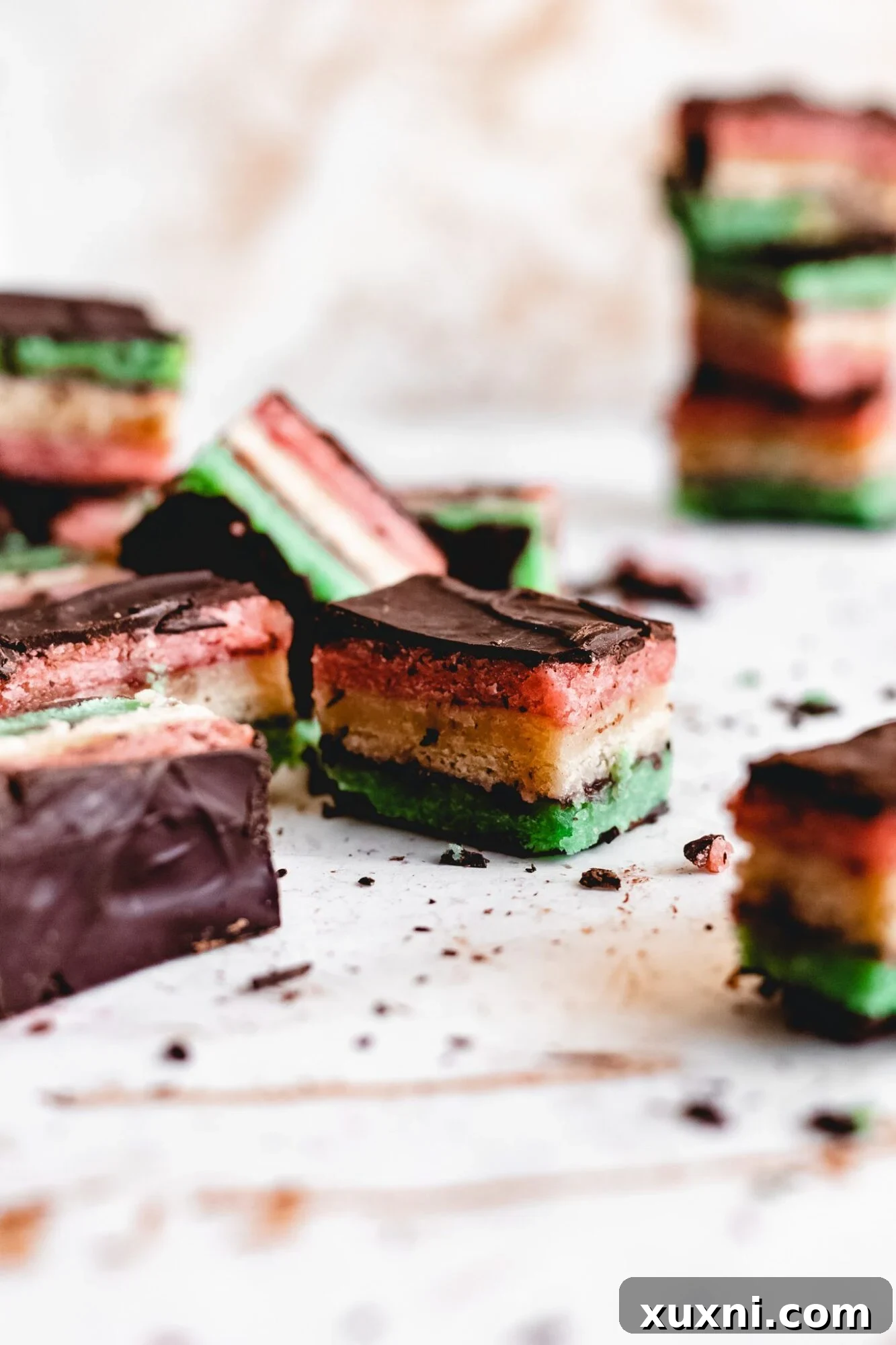 Classic Italian Rainbow Cookies, beautifully stacked and ready to enjoy.