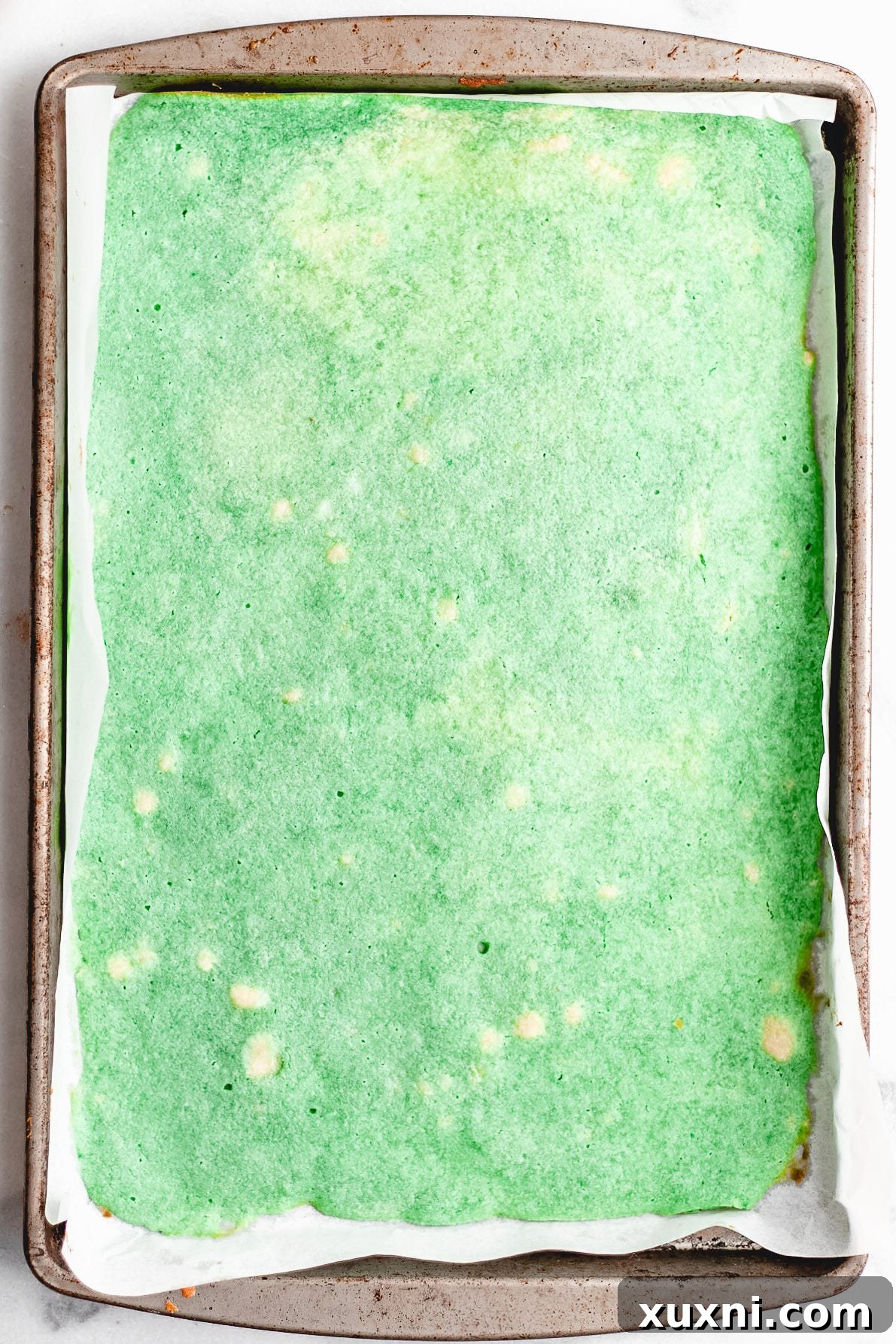 A freshly baked cookie layer on a baking sheet.