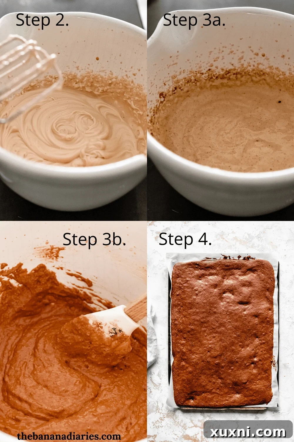 Step-by-step imagery showing how to prepare a vegan chocolate sponge cake, from mixing to spreading.