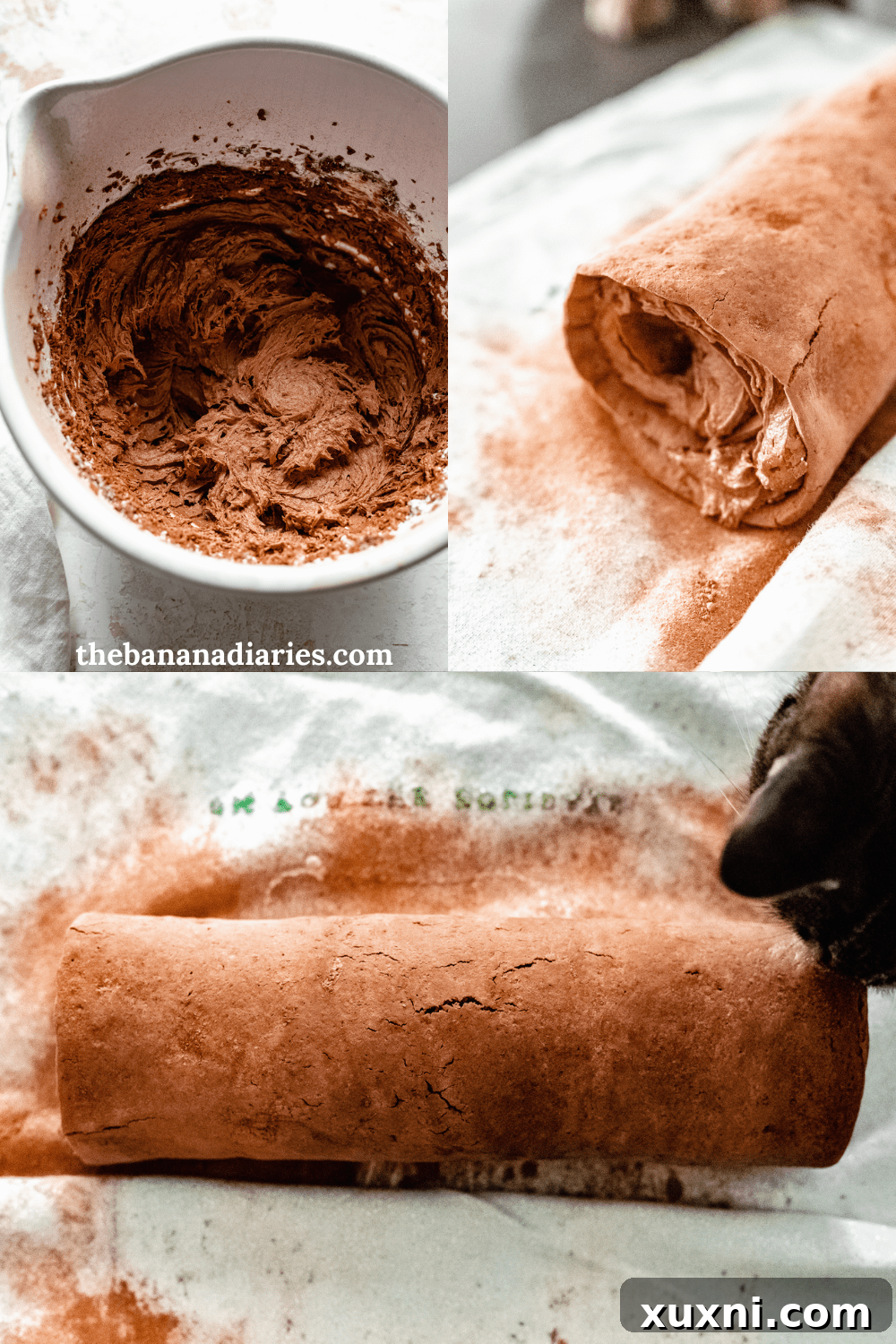 A visual guide on how to create a perfect vegan Swiss roll cake, from spreading frosting to rolling.