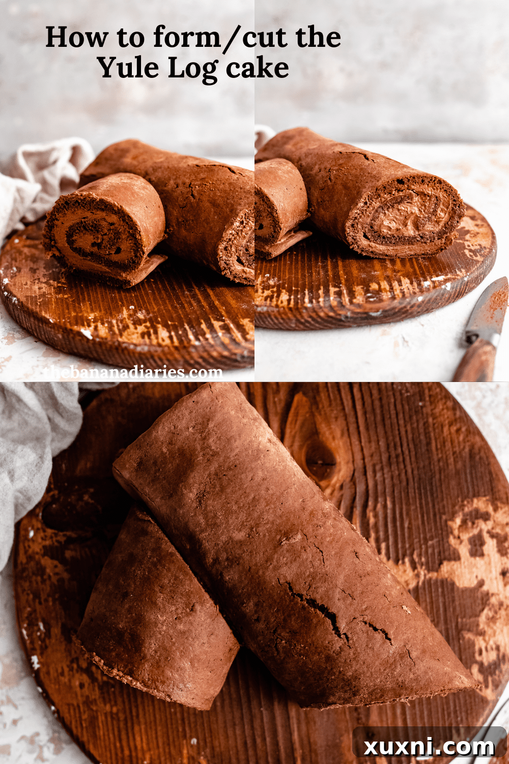 A guide on how to properly slice and arrange a Yule Log Cake for a realistic log appearance.