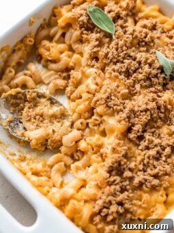 A golden casserole dish of baked vegan mac and cheese, fresh from the oven, with a crispy topping.