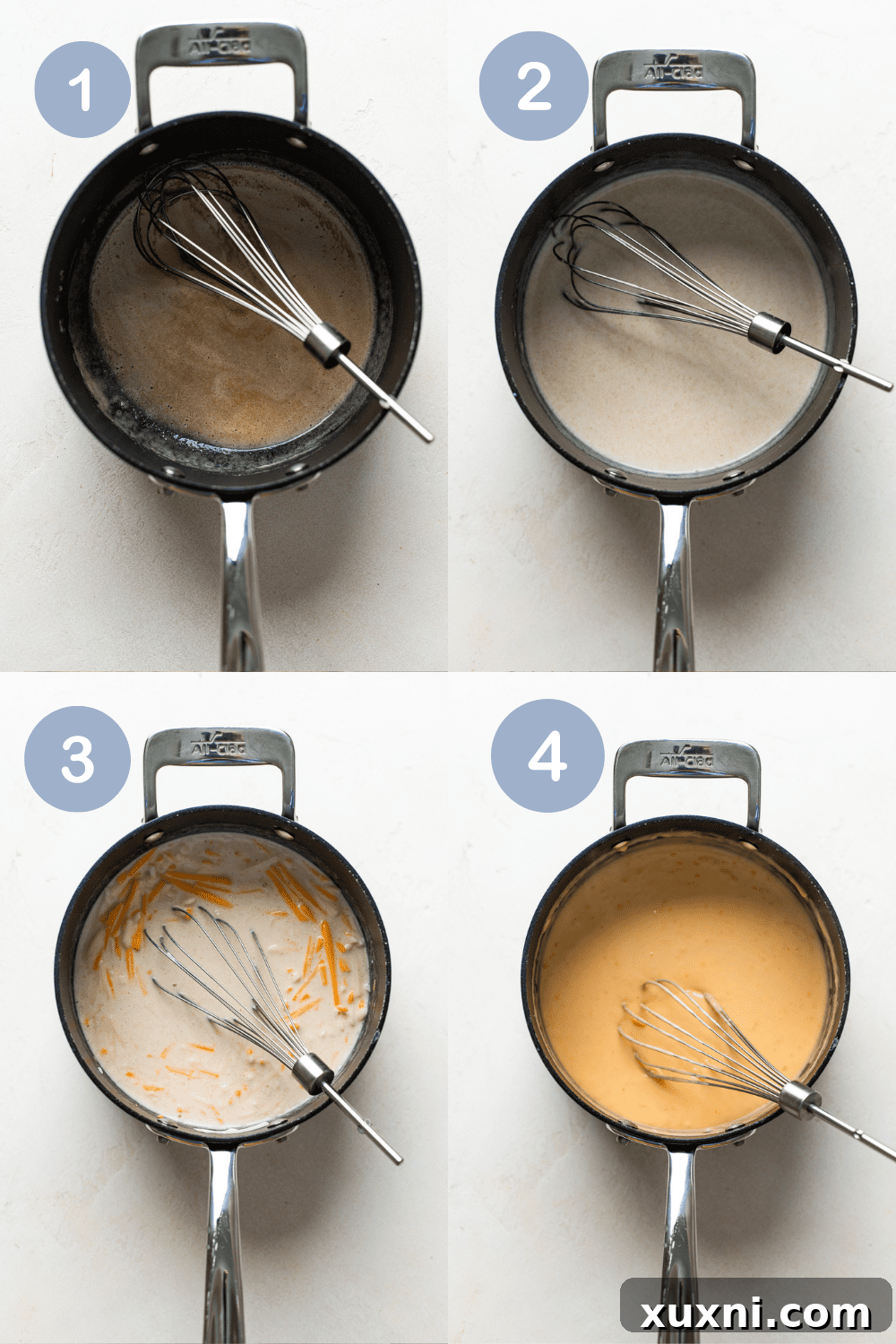 First steps of making vegan mac and cheese, showing pasta cooking and sauce preparation.