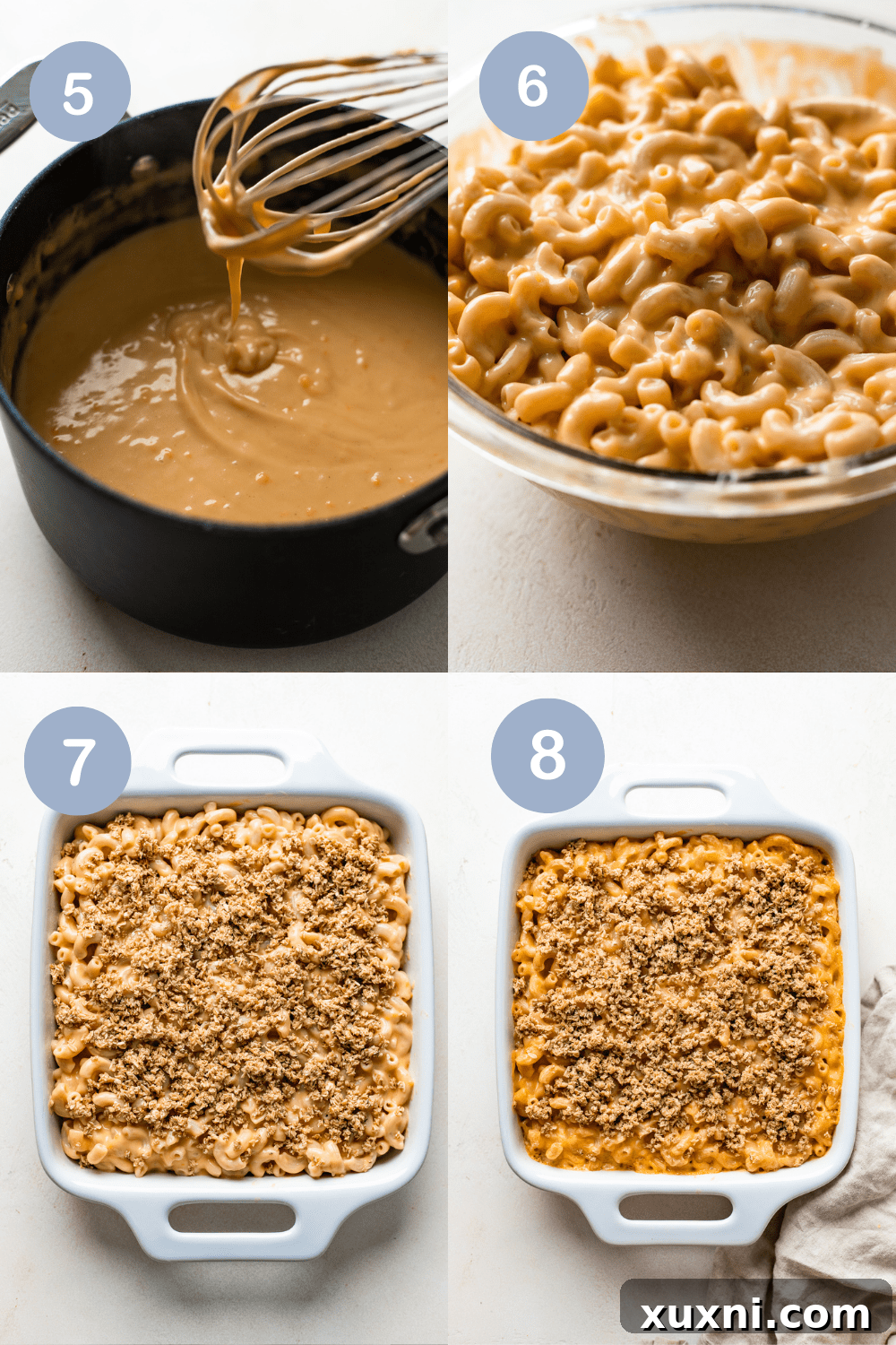 Finishing steps of assembling and baking vegan mac and cheese, including adding breadcrumbs.