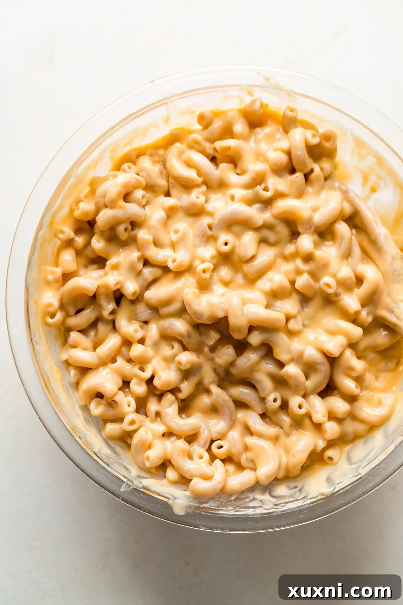 A large bowl of golden baked vegan mac and cheese with crispy breadcrumbs, ready to be served.