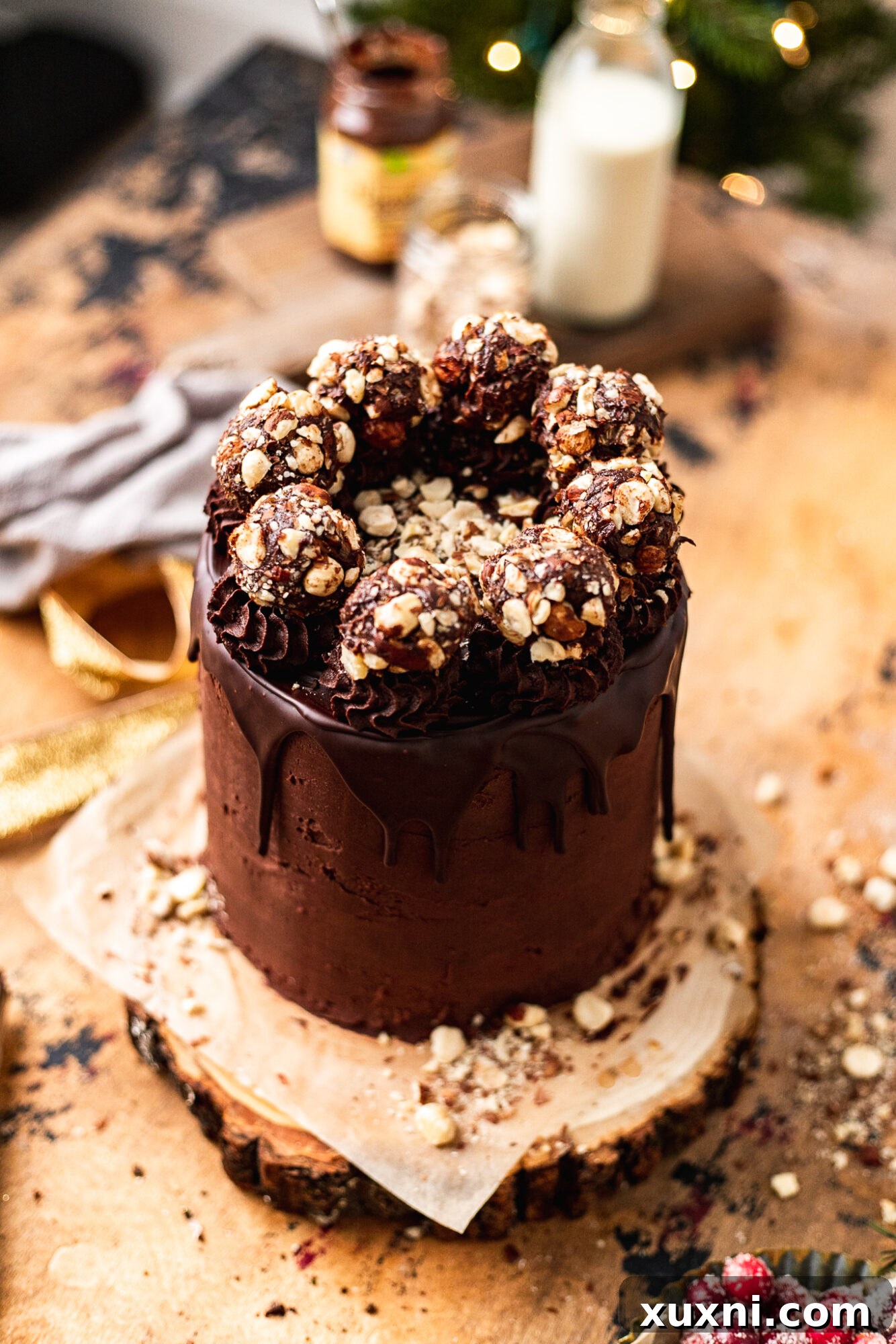 Close-up of a slice of vegan chocolate hazelnut cake showing its tender crumb and rich chocolate layers.