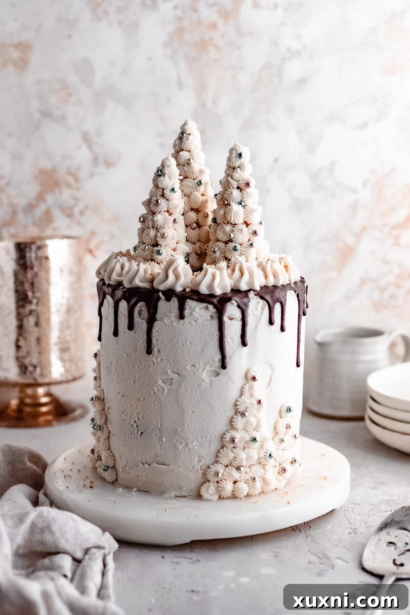 Beautifully decorated vegan chocolate hazelnut cake with a ganache drip and festive toppings.