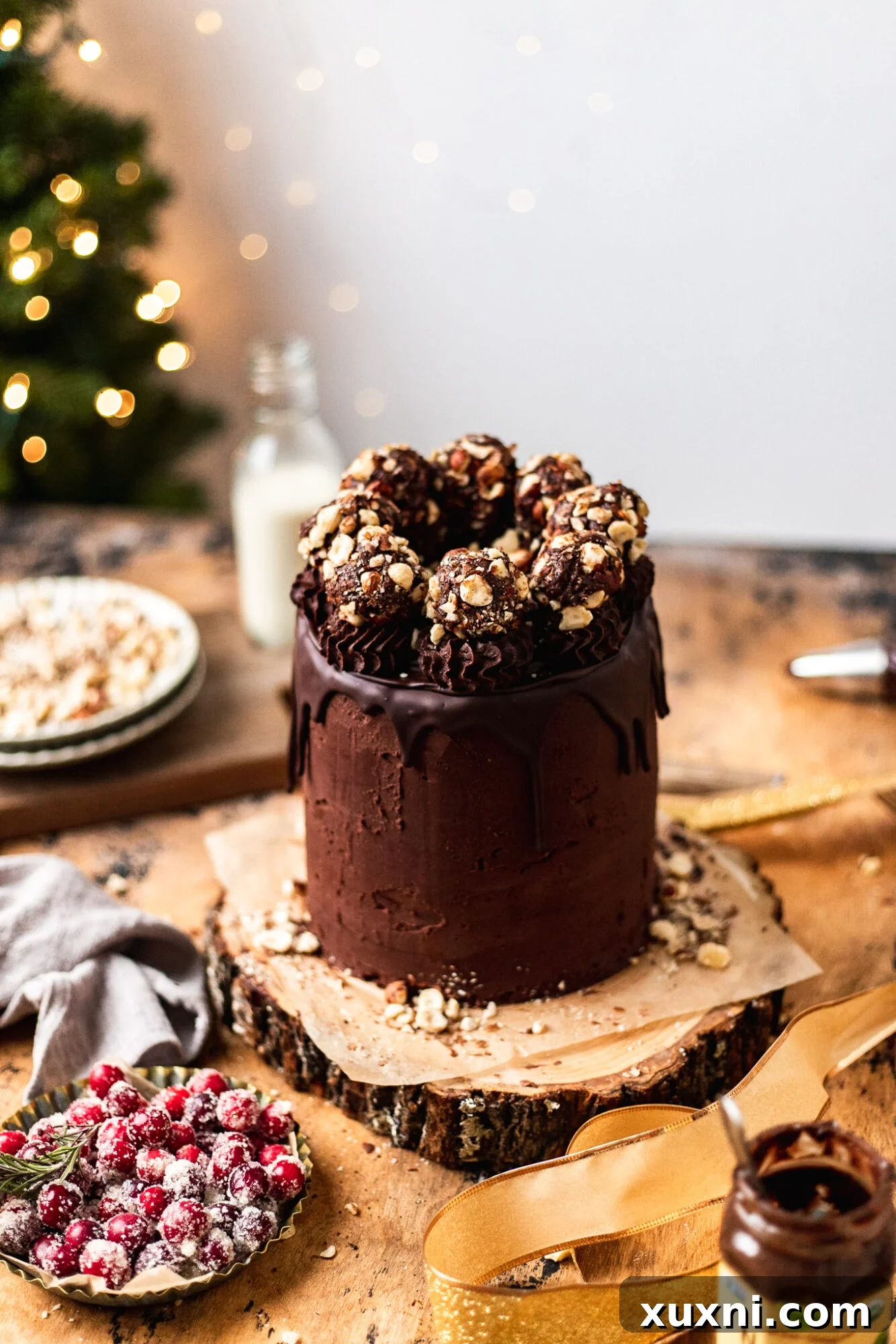 A stunning vegan chocolate hazelnut cake, perfectly frosted and ready to be served.