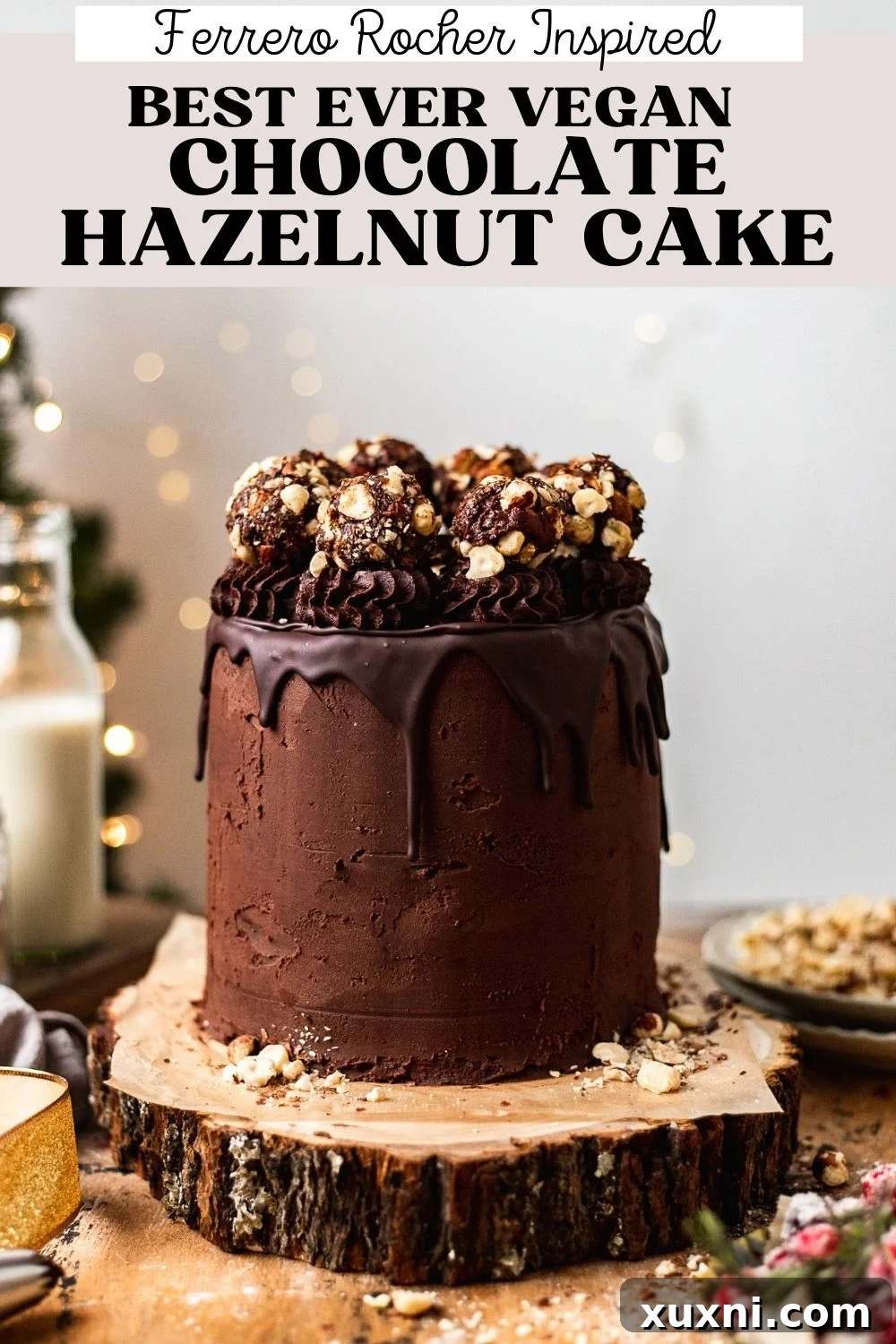 Pin this amazing vegan chocolate hazelnut cake recipe, a delightful Ferrero Rocher-inspired dessert!