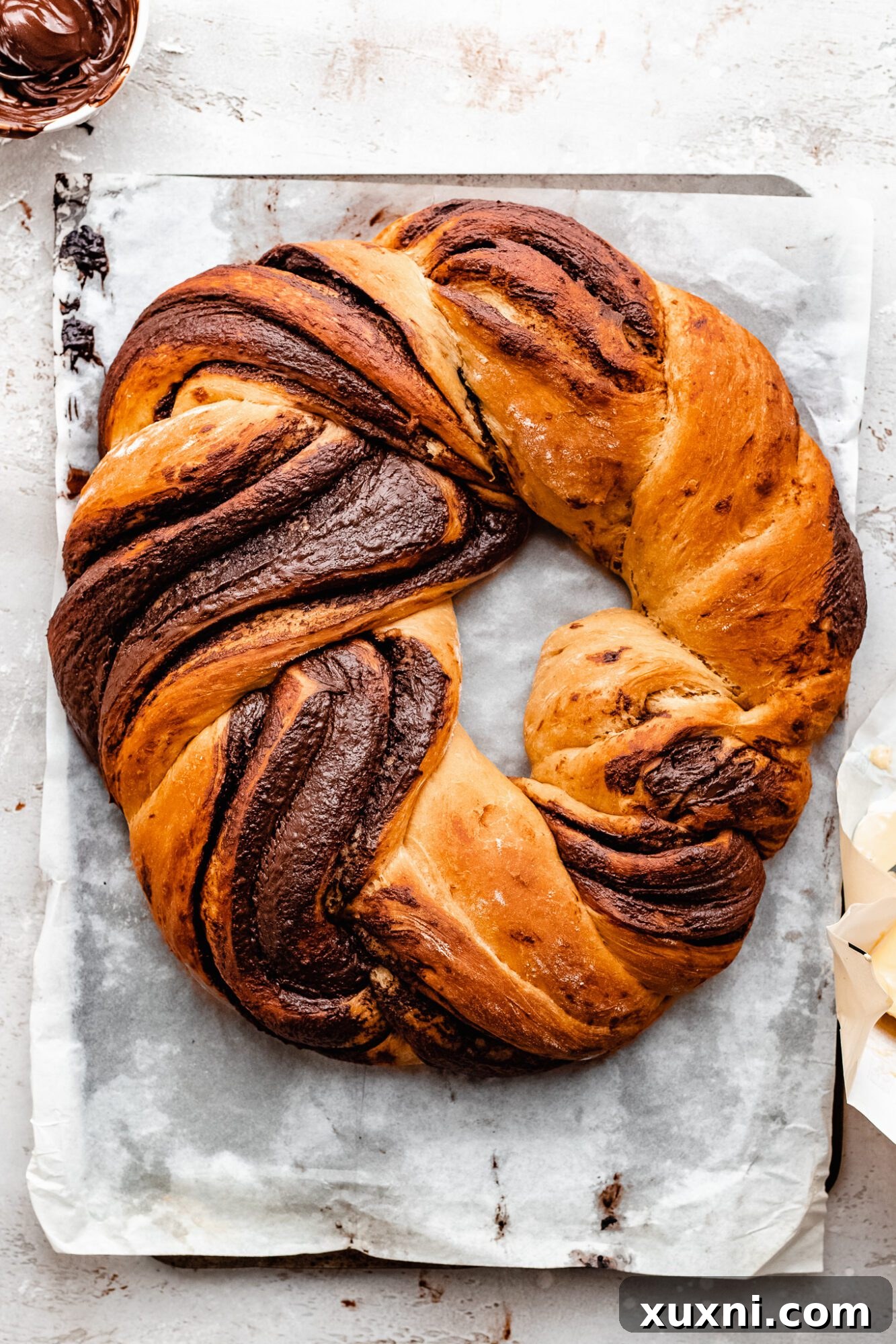 Perfectly baked vegan chocolate hazelnut bread wreath