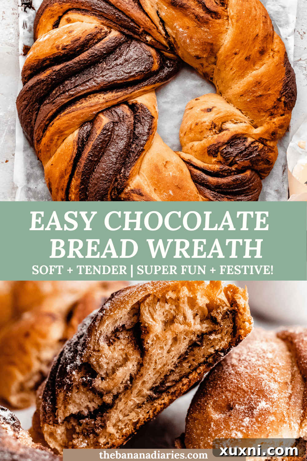 Easy Vegan Chocolate Hazelnut Bread Wreath recipe card pin