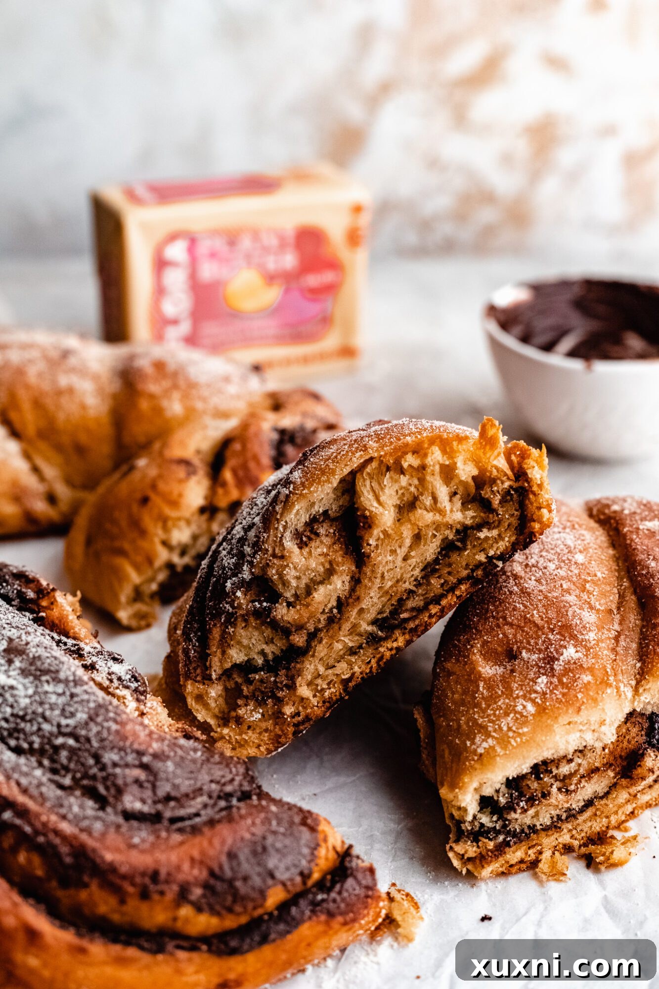 Close-up of a delicious vegan chocolate hazelnut bread