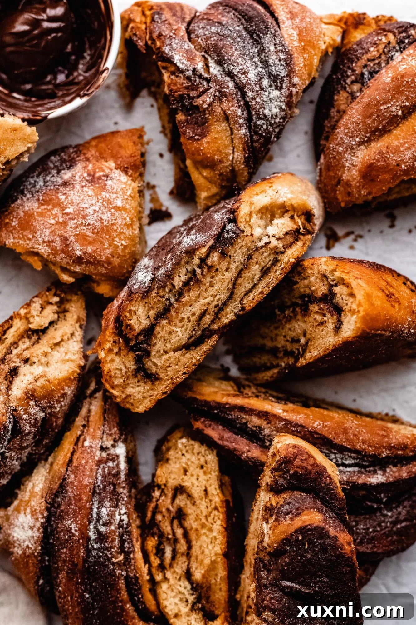 Slices of fluffy vegan nutella sweet bread