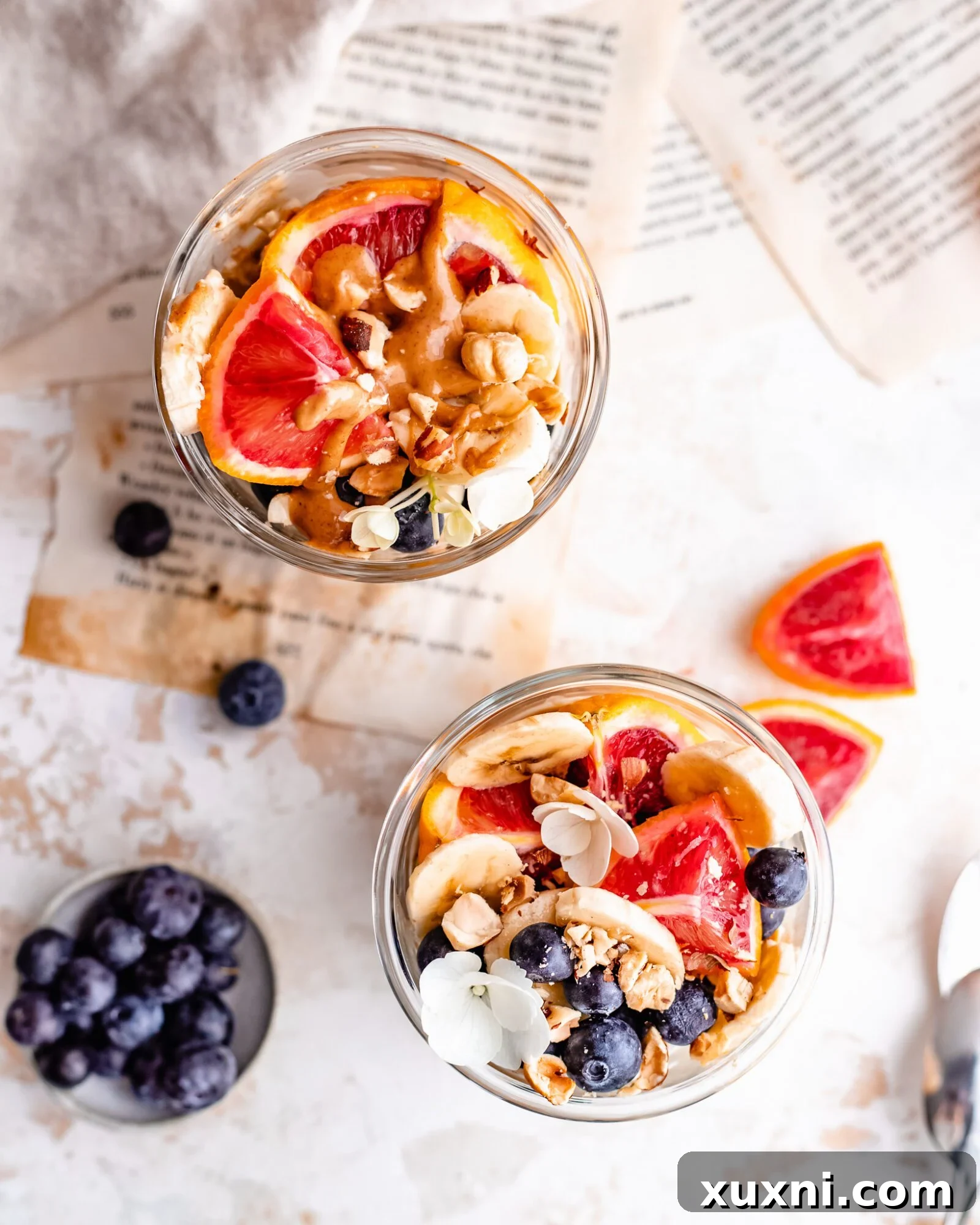 two glasses of vanilla blueberry overnight oats