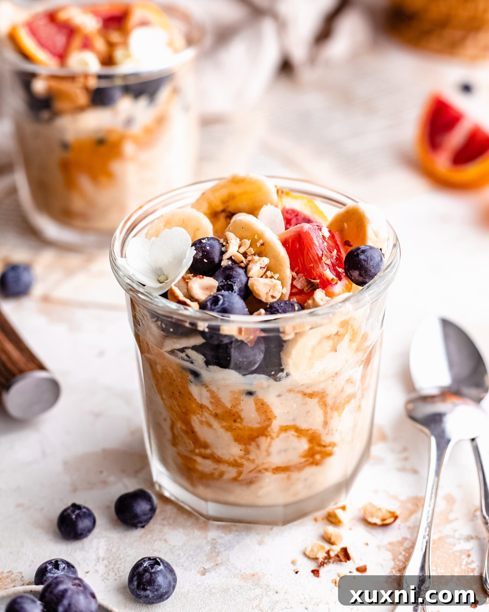 glass of vegan overnight oats with peanut butter